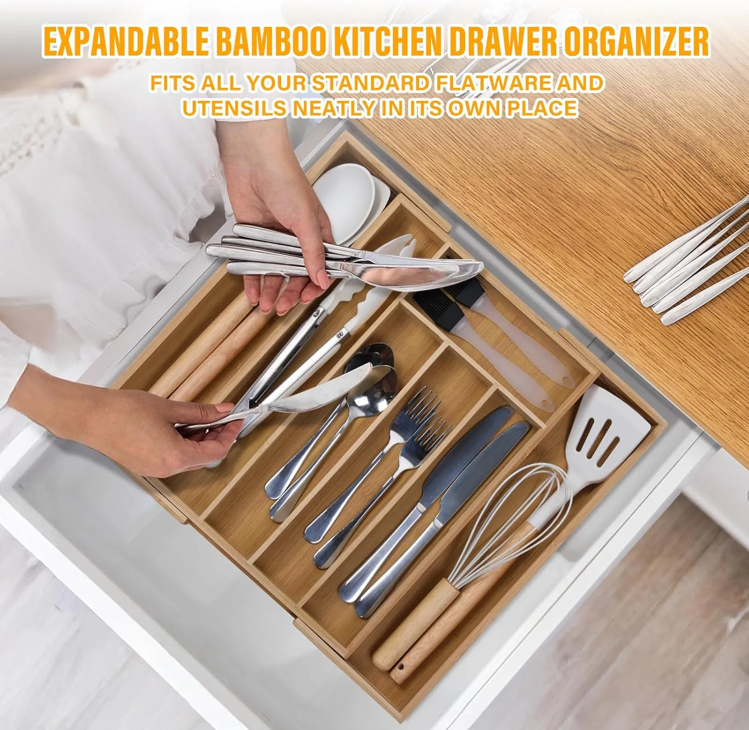 Expandable Silverware Organizer Utensil Drawer Organizer,14 Inch Silverware Tray for Kitchen Drawer,Bamboo Flatware Tableware Cultery Caddy Tray Home Essentials Utensils Holder，15"D x 14"W x 2"H