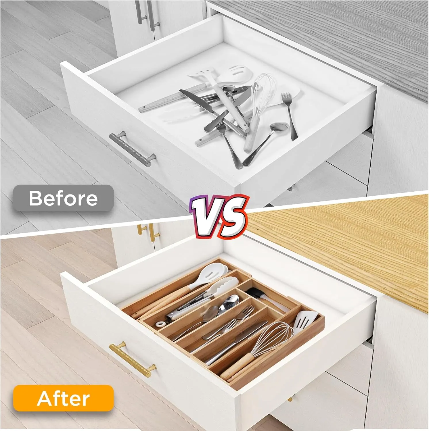 Expandable Silverware Organizer Utensil Drawer Organizer,14 Inch Silverware Tray for Kitchen Drawer,Bamboo Flatware Tableware Cultery Caddy Tray Home Essentials Utensils Holder，15"D x 14"W x 2"H