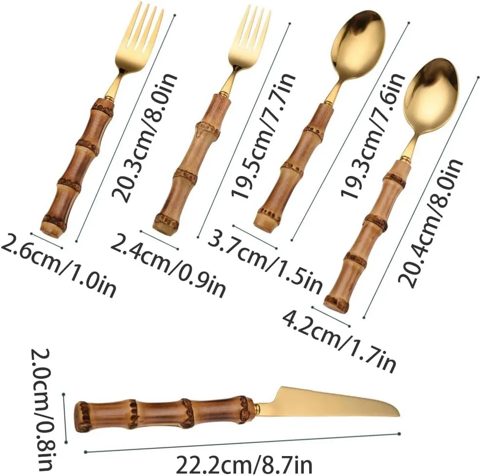 Exquisite Bamboo Handle Stainless Steel Flatware Golden Knife Fork and Spoon Set Home Dessert Spoon Fork Silverware Cutlery Set Portable