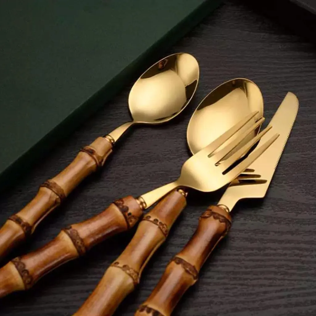 Exquisite Bamboo Handle Stainless Steel Flatware Golden Knife Fork and Spoon Set Home Dessert Spoon Fork Silverware Cutlery Set Portable