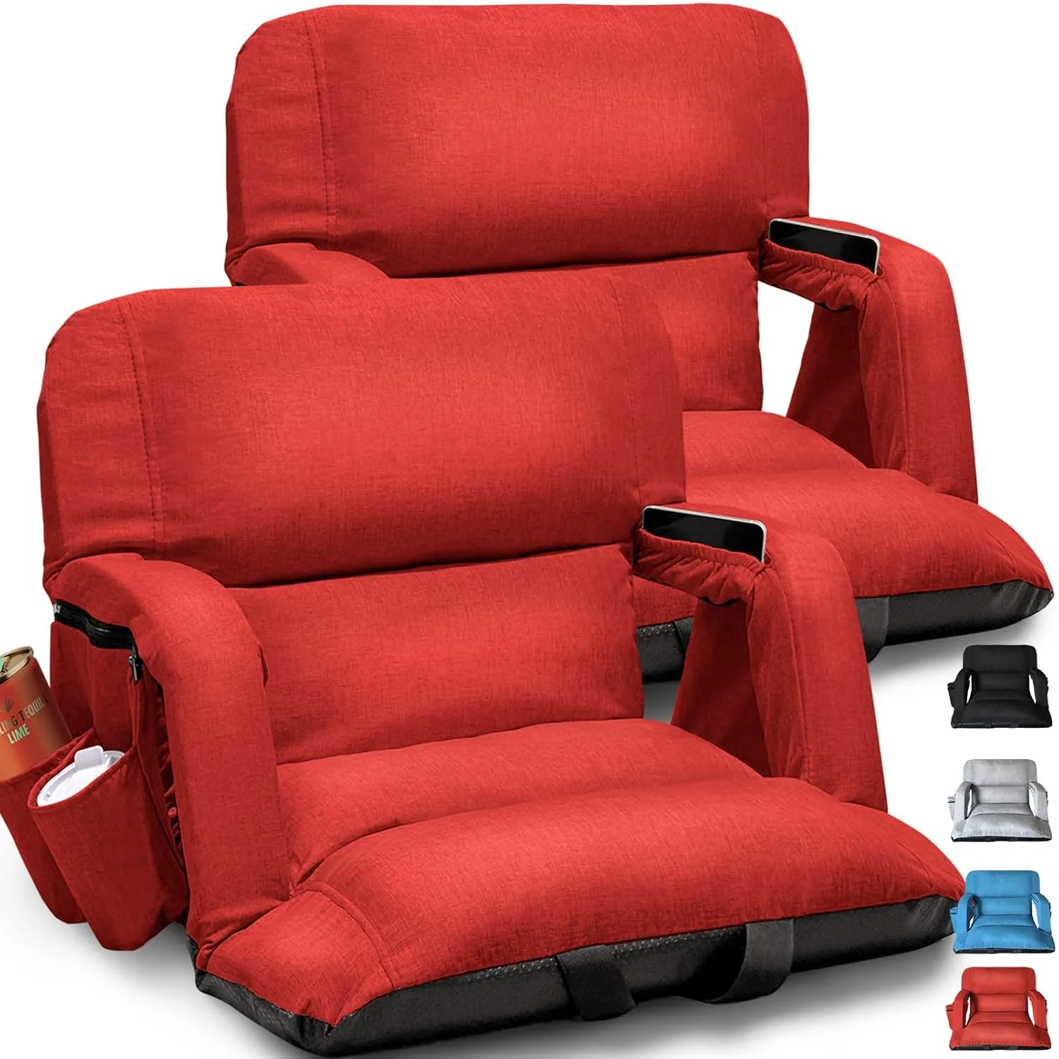 Extra Wide Stadium Seats With Back Support 2 Pack, Exclusive "Sofa Style" Design Thick Bleacher Chairs With Back and Cushion, 6 Reclining Positions - Ultimate Comfort for Sports Events (Red, 25")