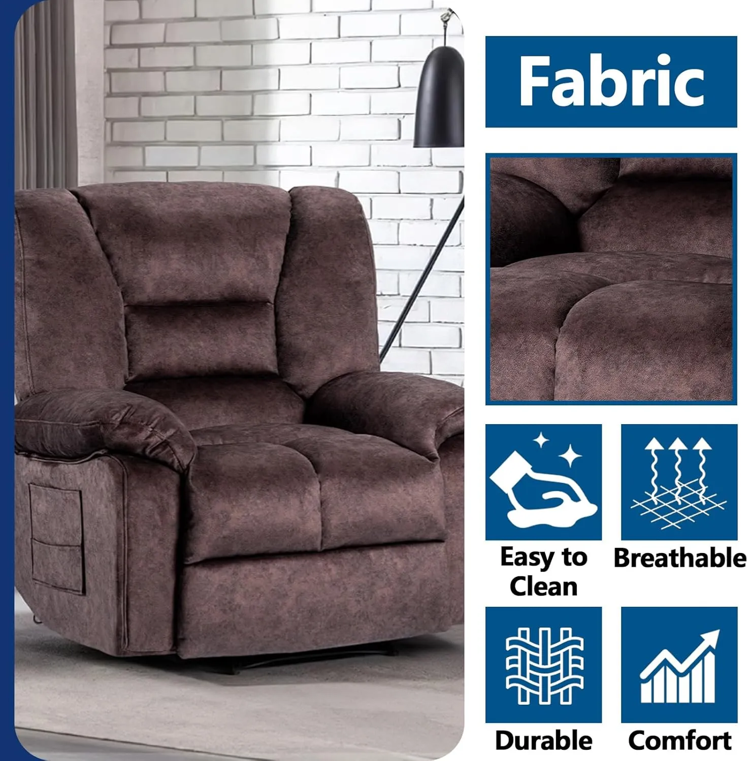 Fabric Lazy Boy Recliner Chair for Bedroom, Manual Reclining Chairs for Adults，Brown Recliner Chair with Adjustable Backrest & Foootrest/Overstuffed Cushion, Havy Duty (Brown)