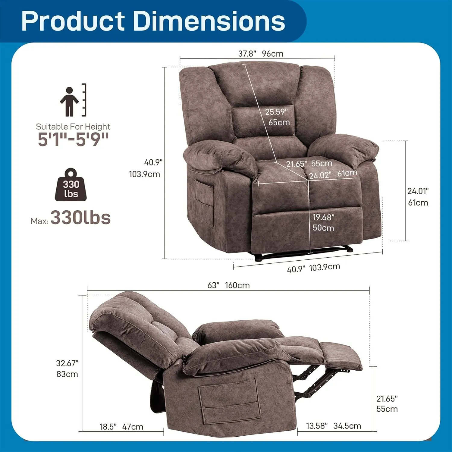 Fabric Lazy Boy Recliner Chair for Bedroom, Manual Reclining Chairs for Adults，Brown Recliner Chair with Adjustable Backrest & Foootrest/Overstuffed Cushion, Havy Duty (Brown)
