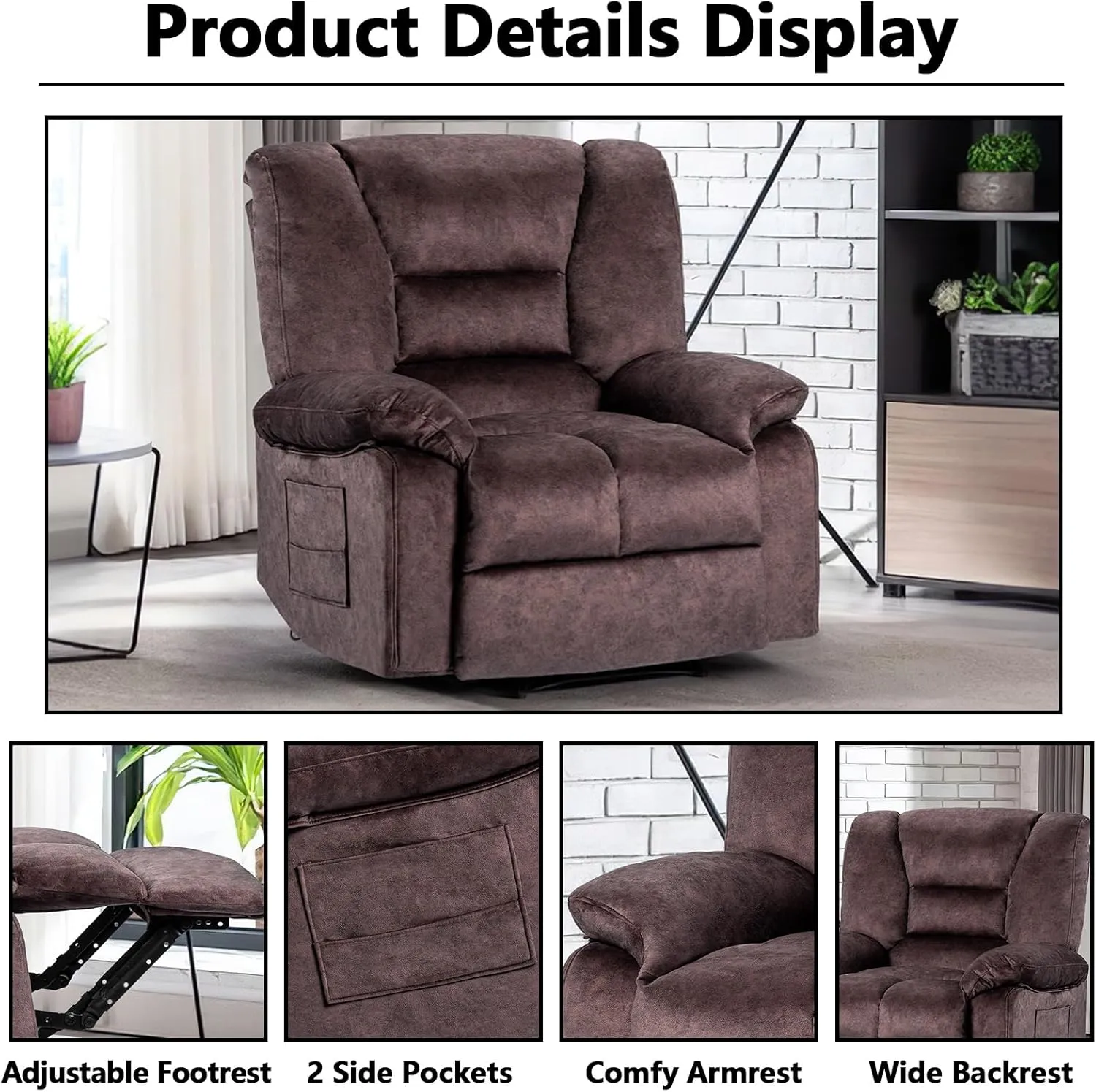 Fabric Lazy Boy Recliner Chair for Bedroom, Manual Reclining Chairs for Adults，Brown Recliner Chair with Adjustable Backrest & Foootrest/Overstuffed Cushion, Havy Duty (Brown)
