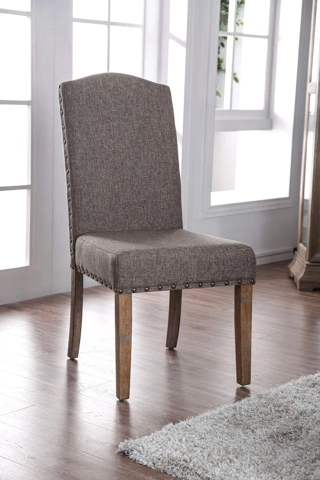 Fabric Upholstered Solid Wood Side Chair with Nail head Trims , Brown and Gray, Pack of Two