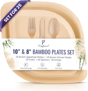 Fancy Brown Disposable Plates for Party, Weddings, Events - 125pc Premium Ecofriendly Party Set (25 Each: 8" Appetizer 10" Dinner Plates, Forks, Spoons, Knives) - High End - Pickytarian