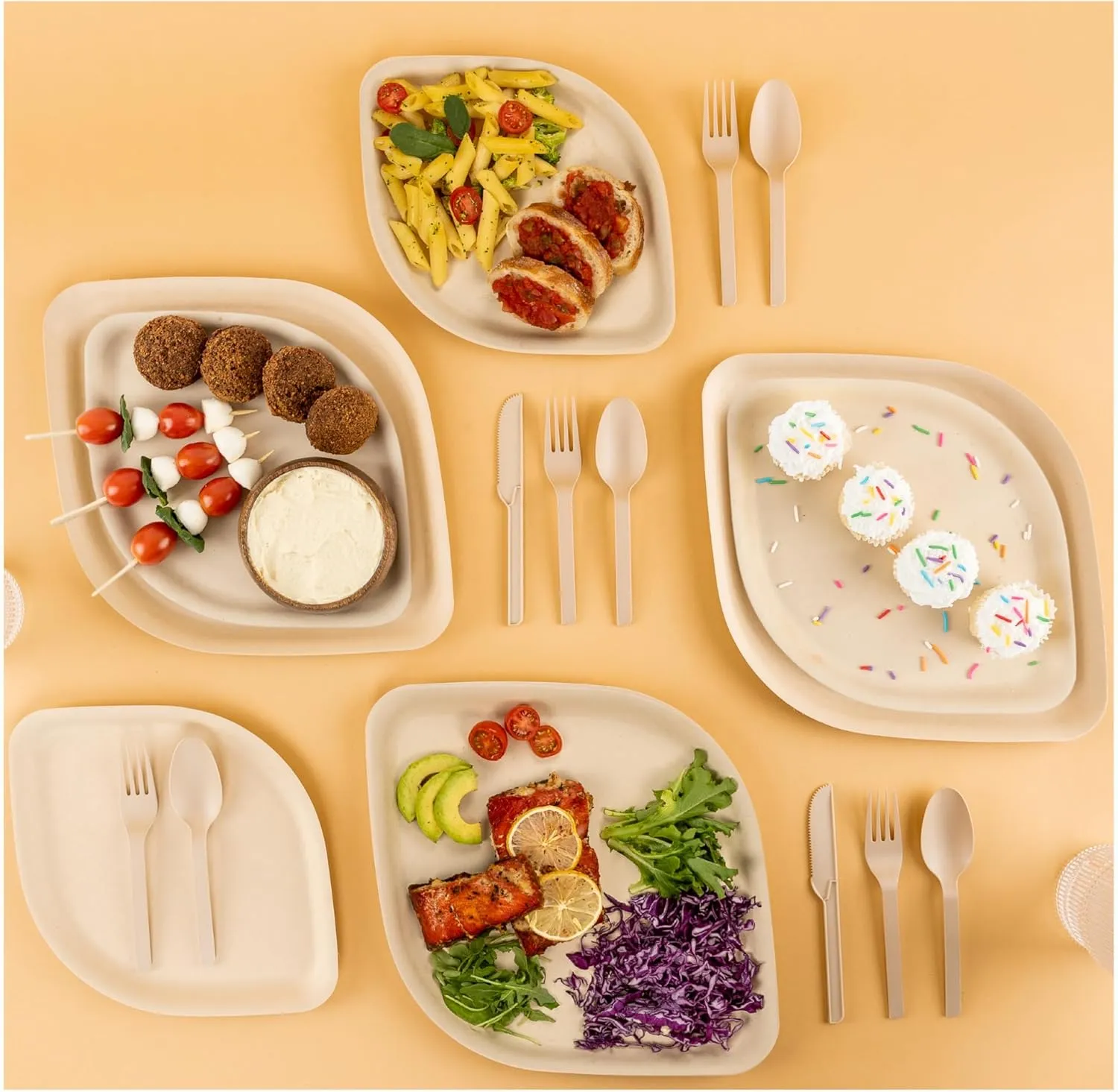 Fancy Brown Disposable Plates for Party, Weddings, Events - 125pc Premium Ecofriendly Party Set (25 Each: 8" Appetizer 10" Dinner Plates, Forks, Spoons, Knives) - High End - Pickytarian
