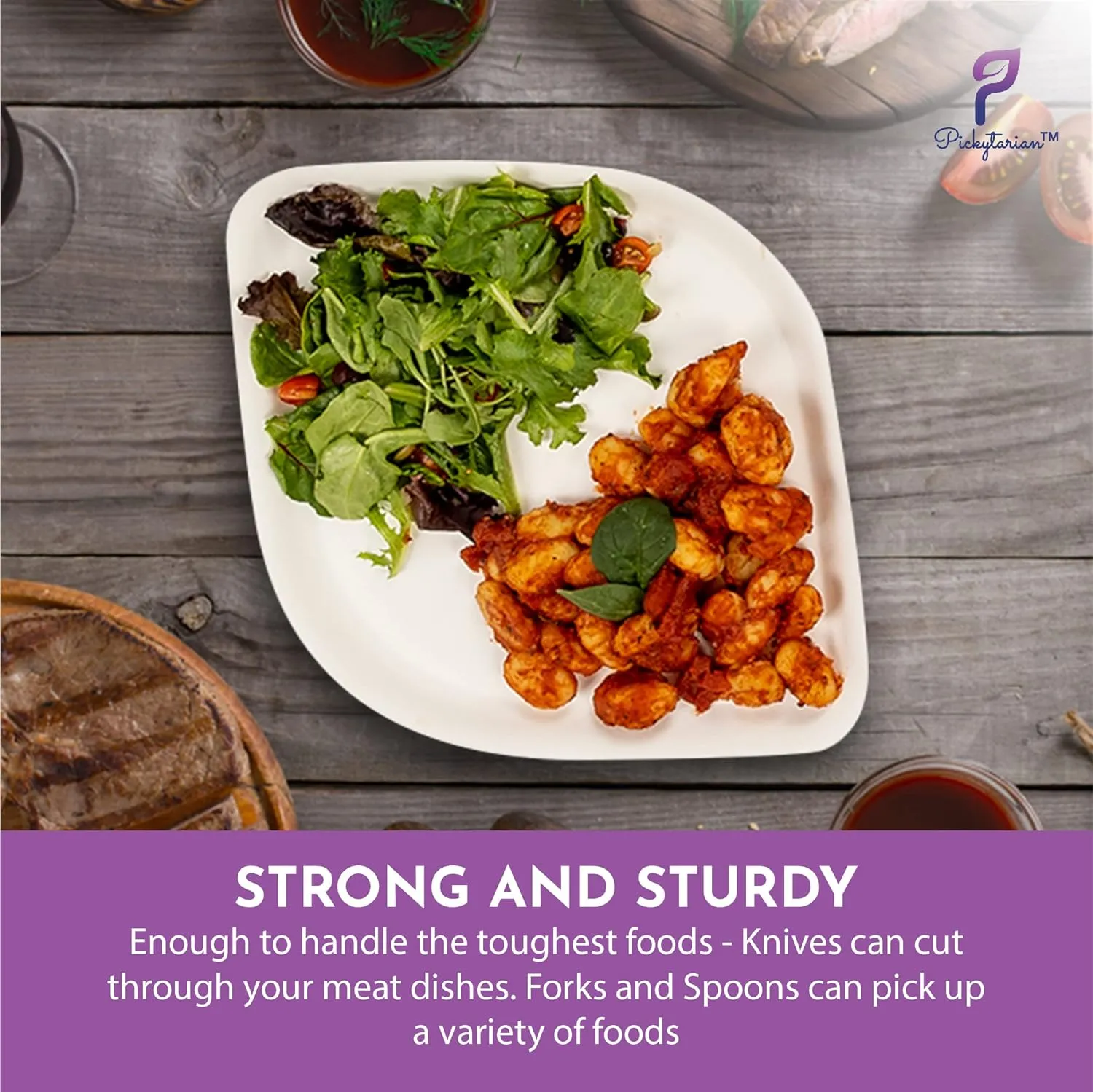 Fancy Purple Disposable Party Plates Set 125pcs - Elegant Bamboo Plates & Cutlery Set (25 Each: 8" Appetizer 10" Dinner Plates, Forks, Spoons, Knives) - High End for Parties, Weddings - Pickytarian