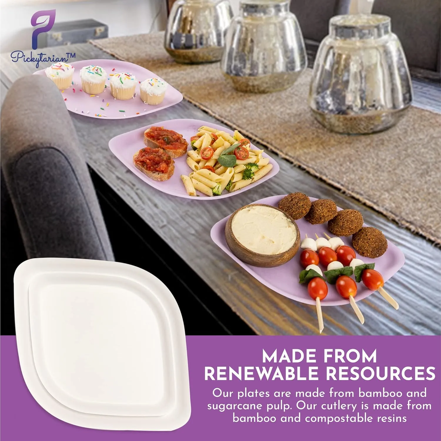 Fancy Purple Disposable Party Plates Set 125pcs - Elegant Bamboo Plates & Cutlery Set (25 Each: 8" Appetizer 10" Dinner Plates, Forks, Spoons, Knives) - High End for Parties, Weddings - Pickytarian