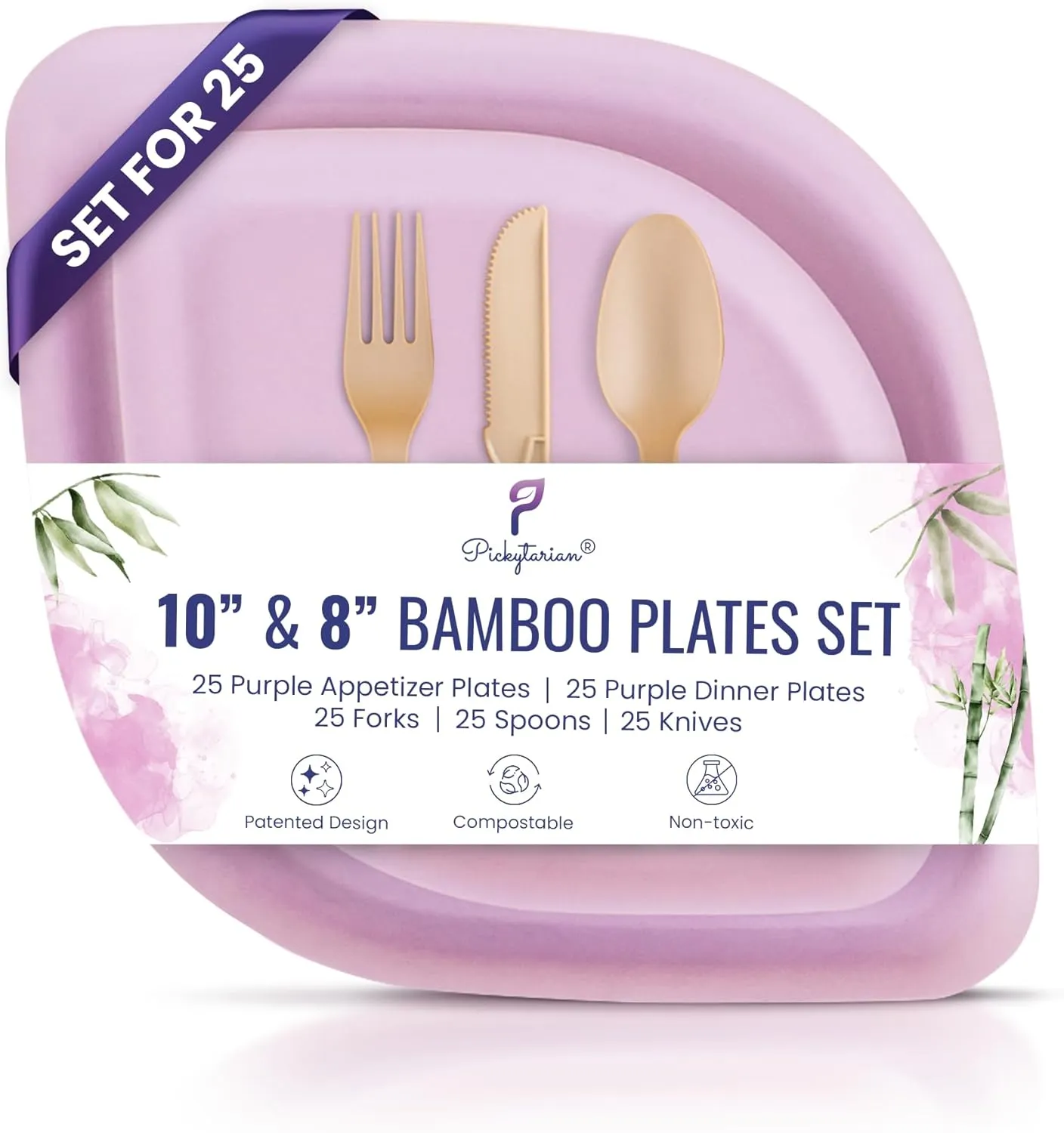 Fancy Purple Disposable Party Plates Set 125pcs - Elegant Bamboo Plates & Cutlery Set (25 Each: 8" Appetizer 10" Dinner Plates, Forks, Spoons, Knives) - High End for Parties, Weddings - Pickytarian