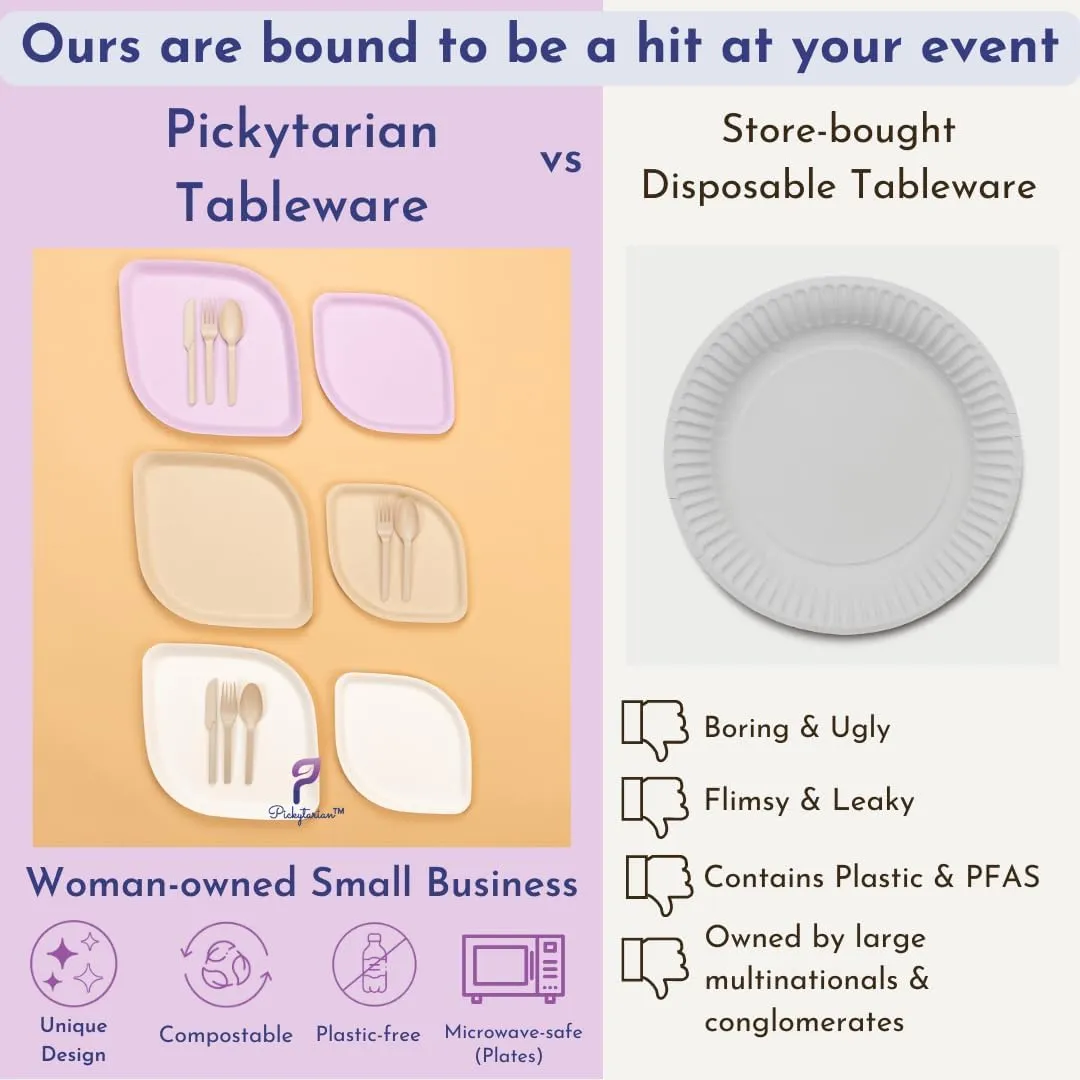 Fancy Purple Disposable Party Plates Set 125pcs - Elegant Bamboo Plates & Cutlery Set (25 Each: 8" Appetizer 10" Dinner Plates, Forks, Spoons, Knives) - High End for Parties, Weddings - Pickytarian