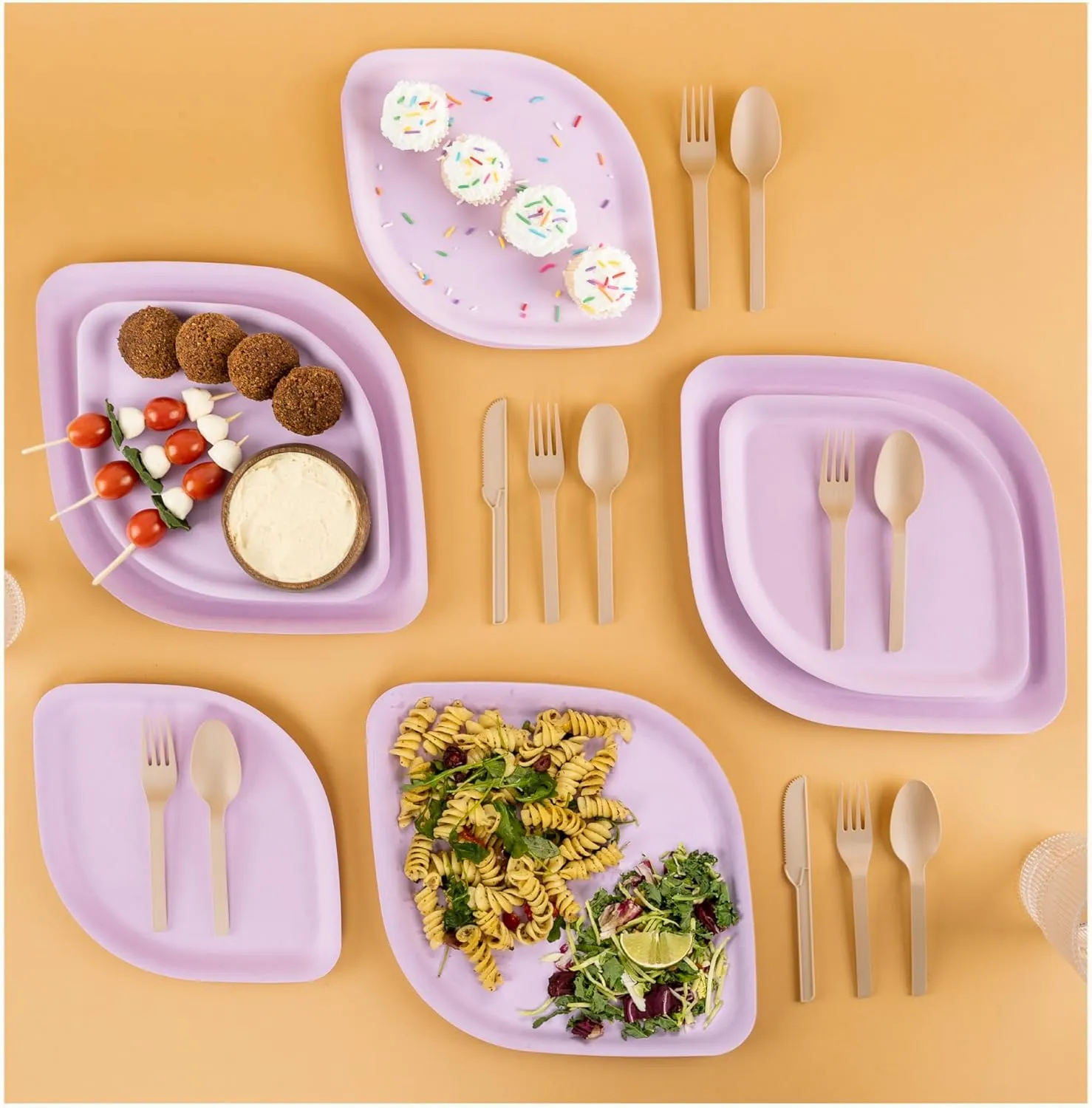 Fancy Purple Disposable Party Plates Set 125pcs - Elegant Bamboo Plates & Cutlery Set (25 Each: 8" Appetizer 10" Dinner Plates, Forks, Spoons, Knives) - High End for Parties, Weddings - Pickytarian