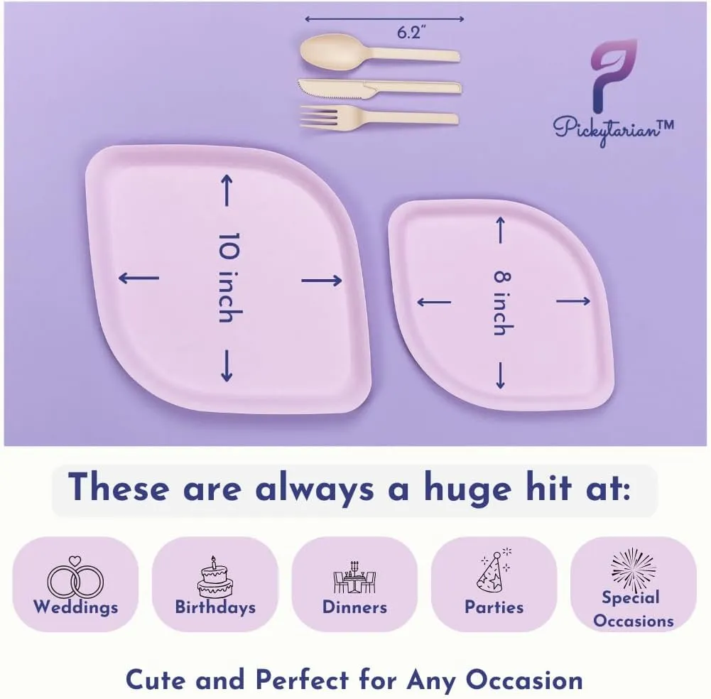Fancy Purple Disposable Party Plates Set 125pcs - Elegant Bamboo Plates & Cutlery Set (25 Each: 8" Appetizer 10" Dinner Plates, Forks, Spoons, Knives) - High End for Parties, Weddings - Pickytarian
