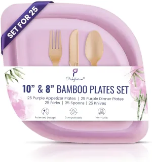 Fancy Purple Disposable Party Plates Set 125pcs - Elegant Bamboo Plates & Cutlery Set (25 Each: 8" Appetizer 10" Dinner Plates, Forks, Spoons, Knives) - High End for Parties, Weddings - Pickytarian