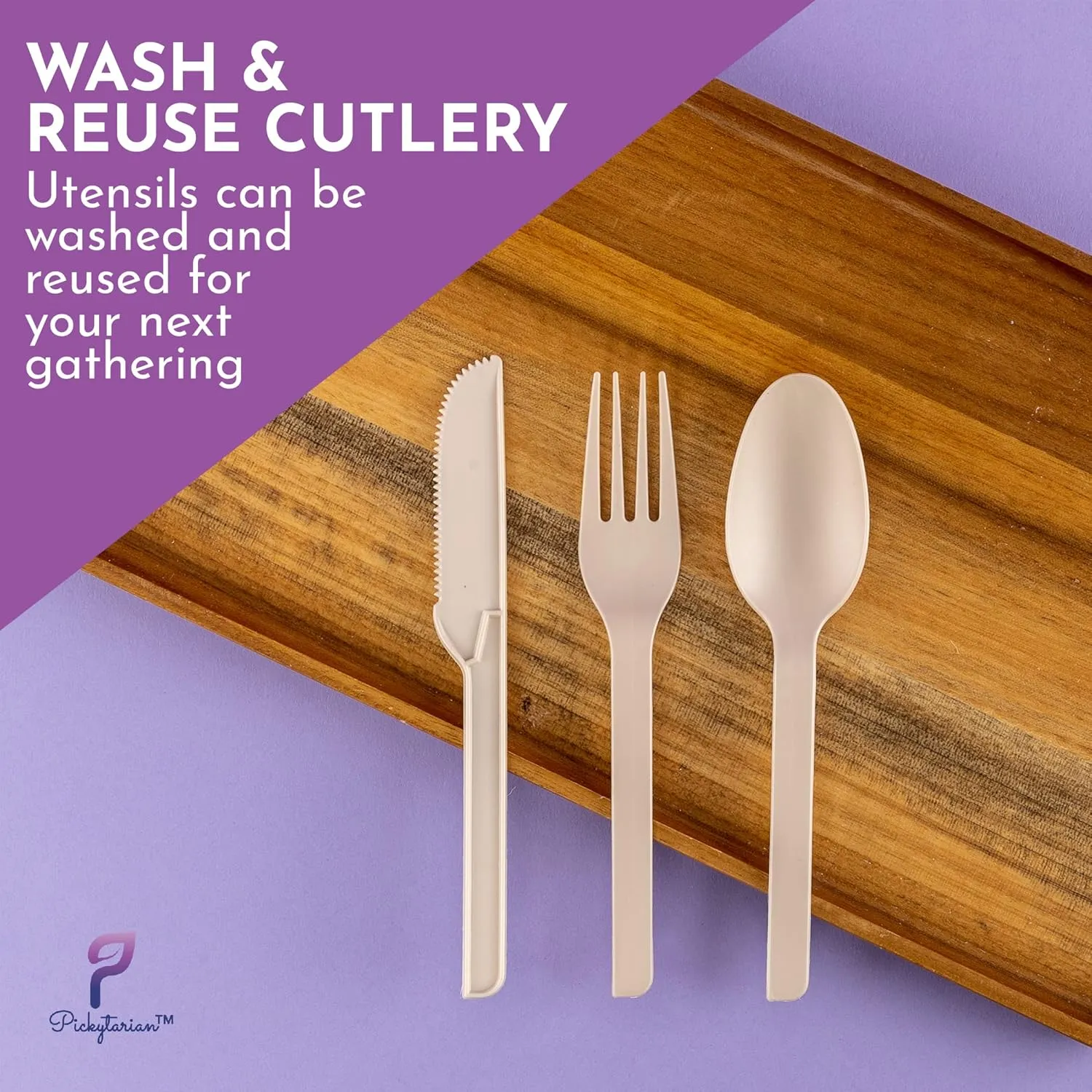 Fancy Purple Disposable Party Plates Set 125pcs - Elegant Bamboo Plates & Cutlery Set (25 Each: 8" Appetizer 10" Dinner Plates, Forks, Spoons, Knives) - High End for Parties, Weddings - Pickytarian