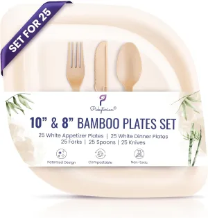 Fancy White Disposable Plates for Party - 250pcs - Premium Bamboo Disposable Tableware Set - (50 ea: 8" Appetizer 10" Dinner Plates, Forks, Spoons, Knives) - Perfect for Weddings, Events- Pickytarian
