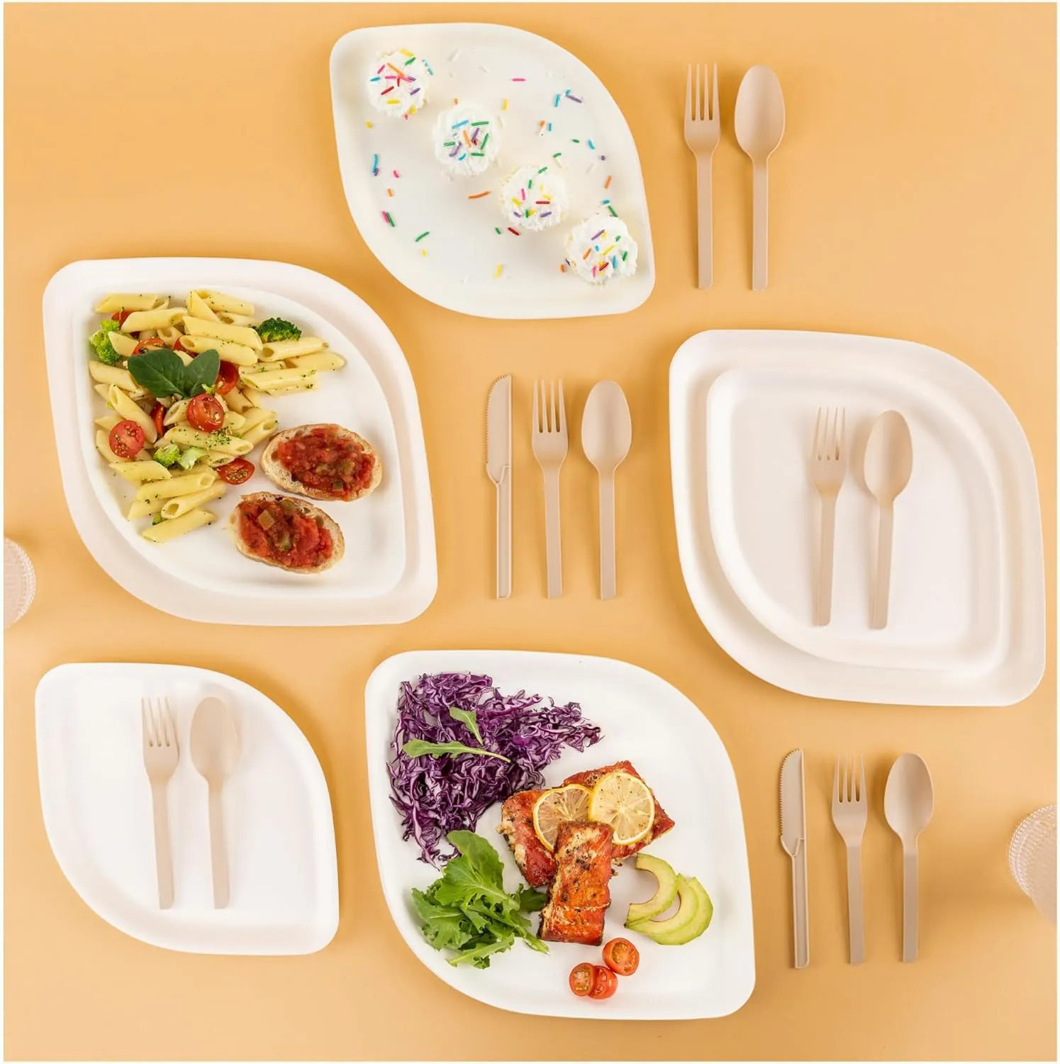 Fancy White Disposable Plates for Party - 250pcs - Premium Bamboo Disposable Tableware Set - (50 ea: 8" Appetizer 10" Dinner Plates, Forks, Spoons, Knives) - Perfect for Weddings, Events- Pickytarian
