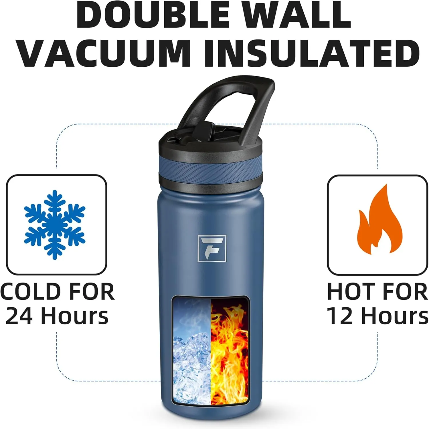 Fanhaw 18 Oz Kids Insulated Water Bottle with Straw Lid – Stainless Steel Double Wall Vacuum, Leak-Proof, BPA-Free Water Bottles for School Boys & Girls(Navy Blue)