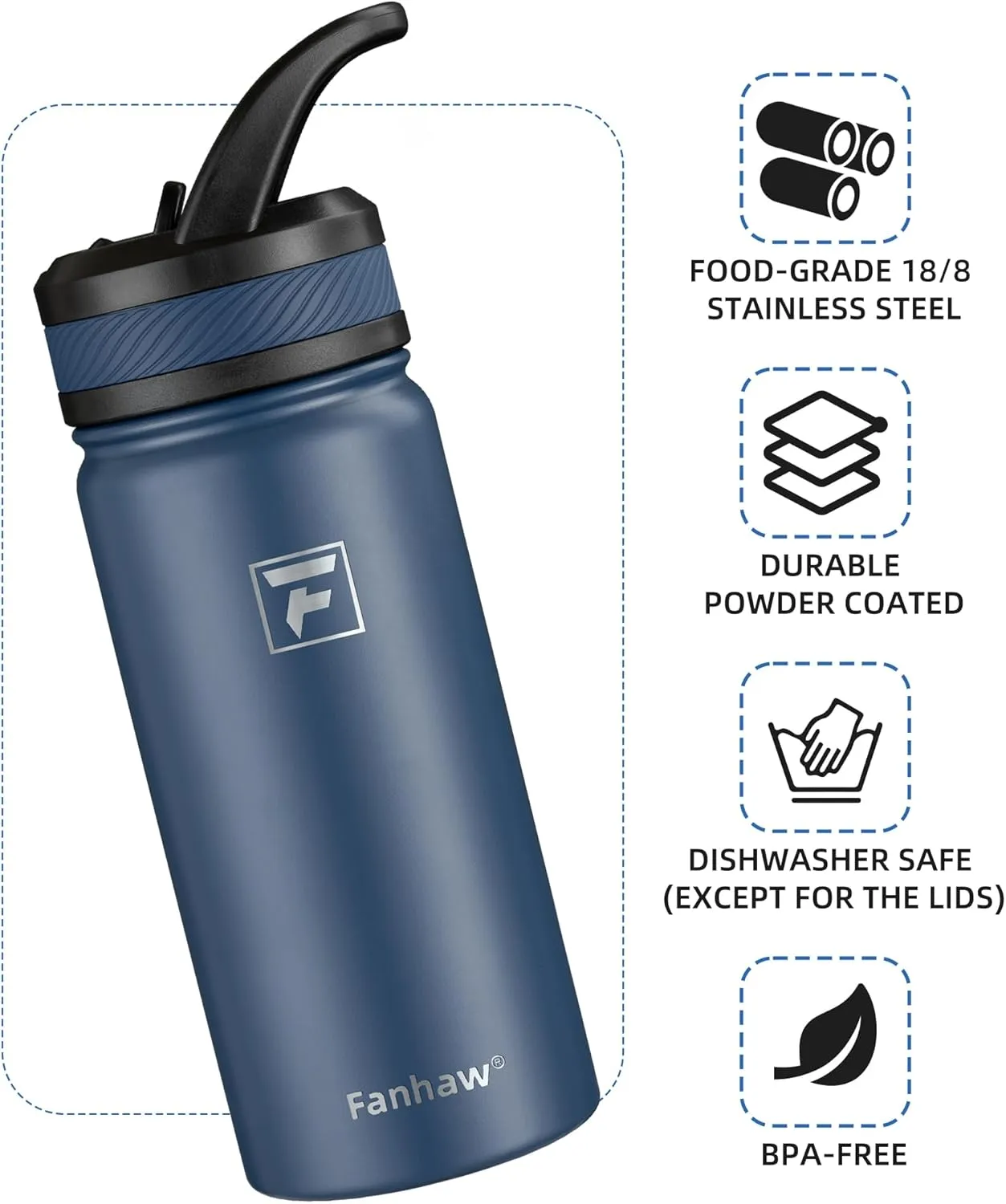 Fanhaw 18 Oz Kids Insulated Water Bottle with Straw Lid – Stainless Steel Double Wall Vacuum, Leak-Proof, BPA-Free Water Bottles for School Boys & Girls(Navy Blue)