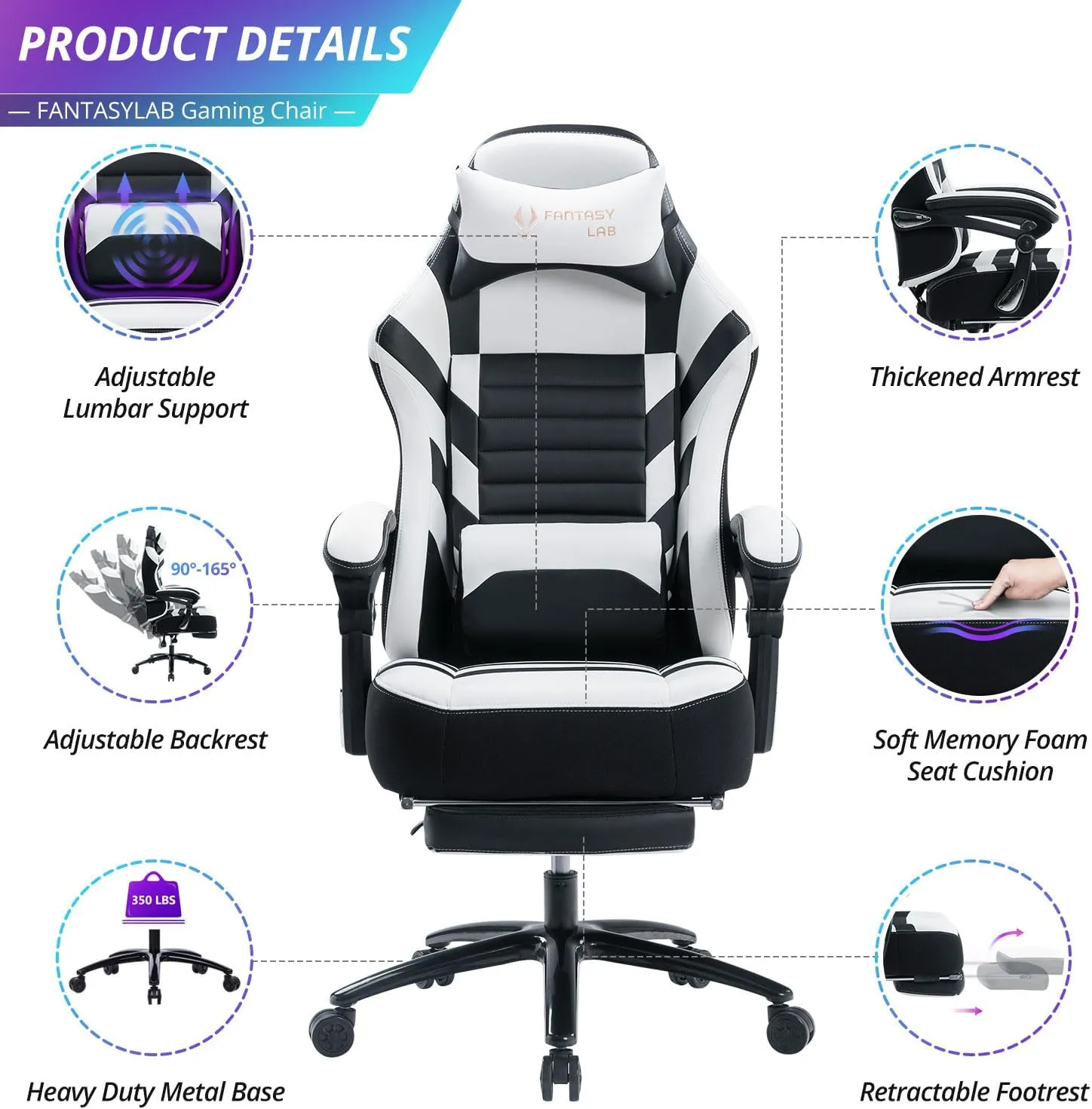 Fantasylab Big and Tall Gaming Chair with Footrest 400lbs Massage Gamer Chair with Memory Foam Adjustable Tilt Back Angle & Armrest, High Back Leather Computer Office Chair