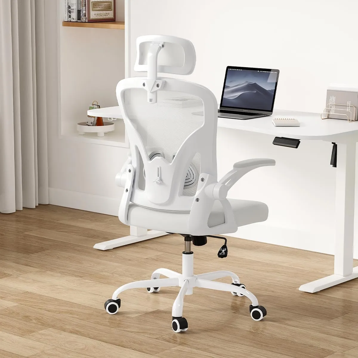 Farini Ergonomic Office Chair, Home Office Desk Chair with Headrest, High Back Computer Chair with Armrests and Adjustable Lumbar Support for Home Office Study Room, White & White