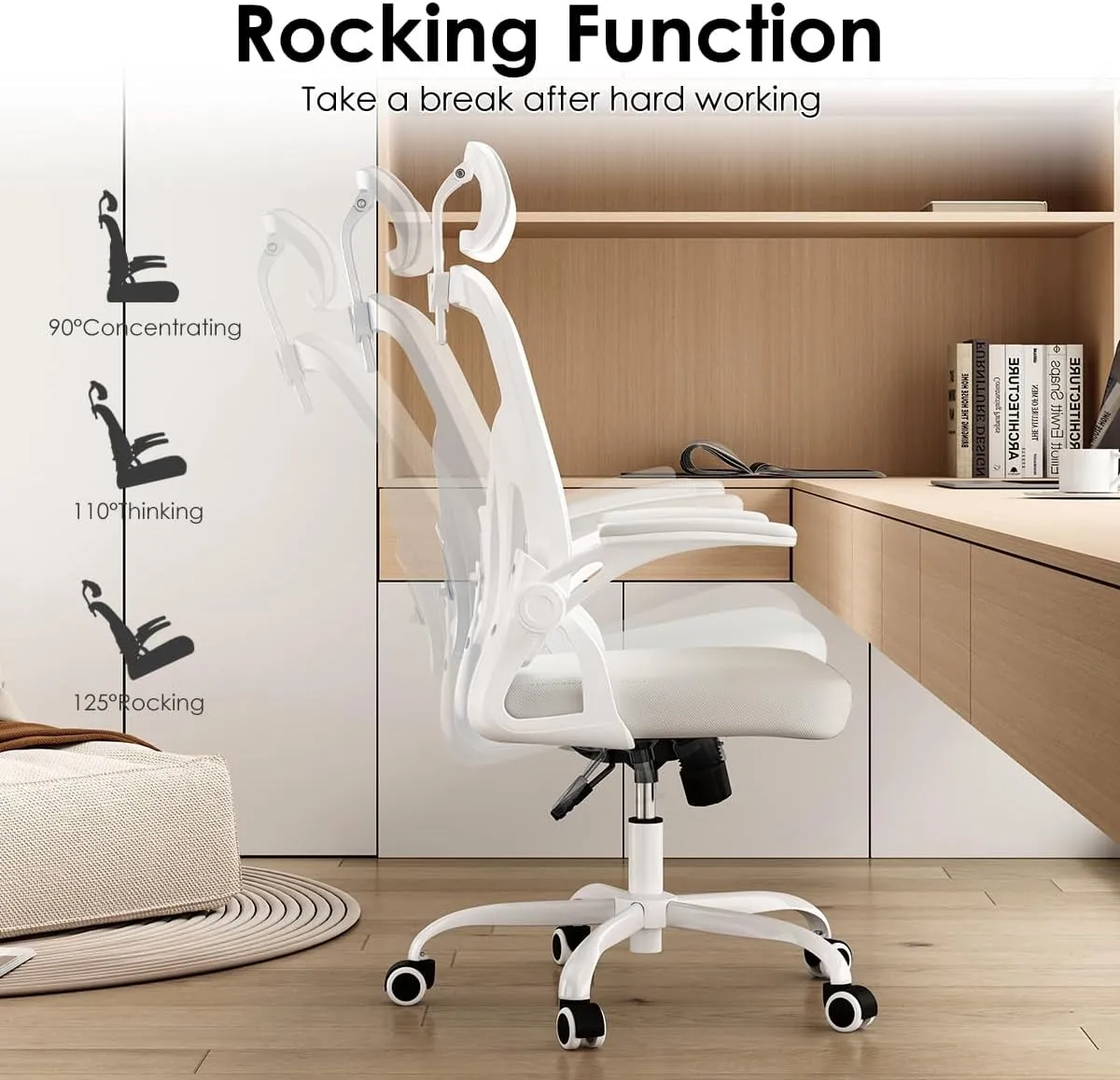 Farini Ergonomic Office Chair, Home Office Desk Chair with Headrest, High Back Computer Chair with Armrests and Adjustable Lumbar Support for Home Office Study Room, White & White