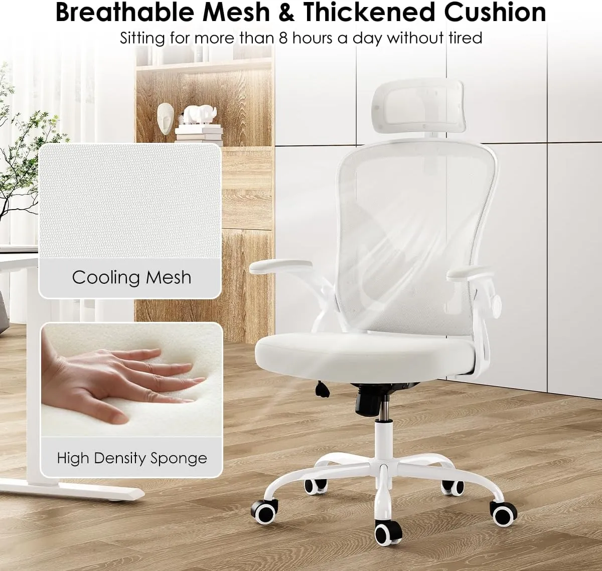 Farini Ergonomic Office Chair, Home Office Desk Chair with Headrest, High Back Computer Chair with Armrests and Adjustable Lumbar Support for Home Office Study Room, White & White