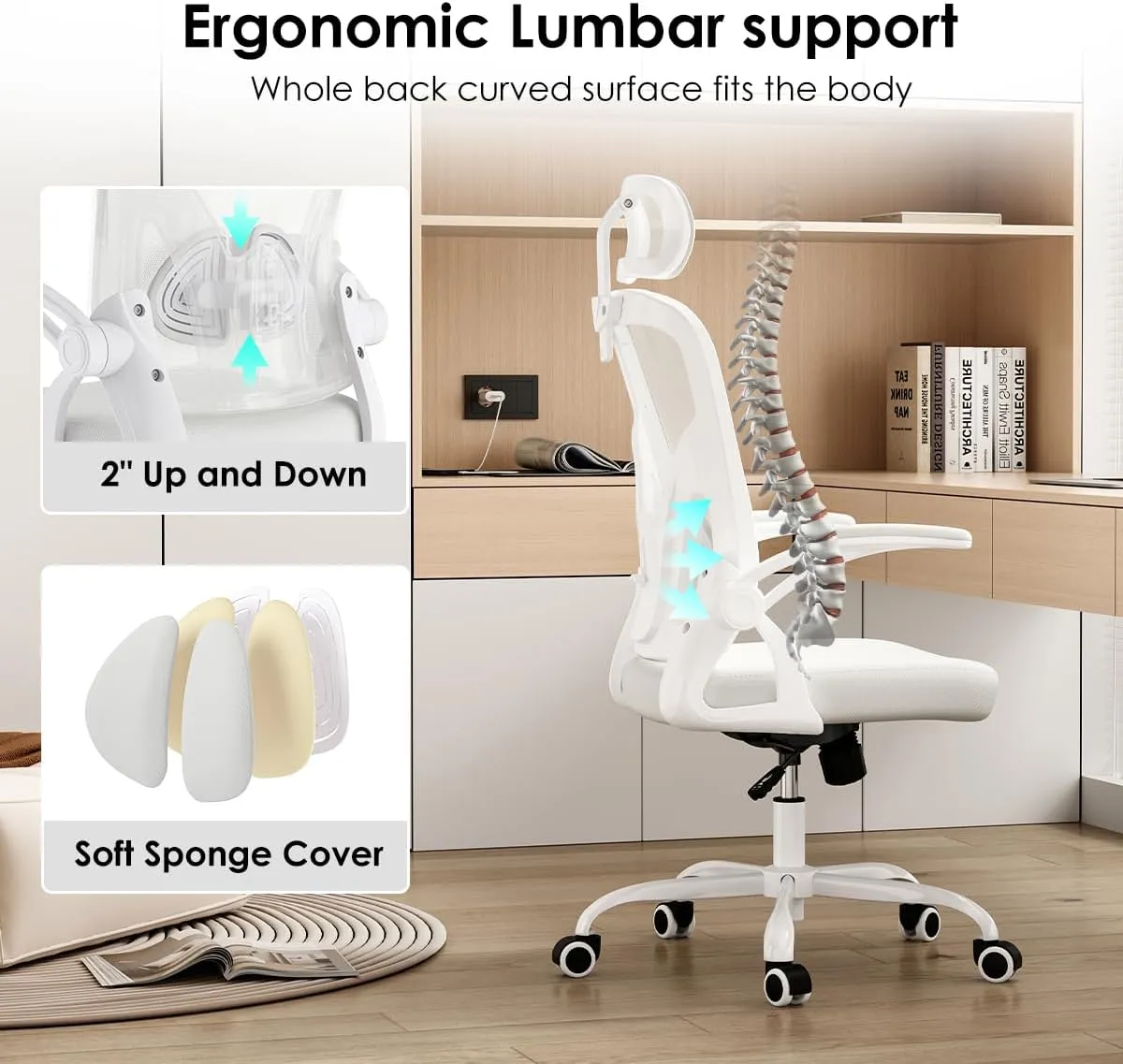 Farini Ergonomic Office Chair, Home Office Desk Chair with Headrest, High Back Computer Chair with Armrests and Adjustable Lumbar Support for Home Office Study Room, White & White