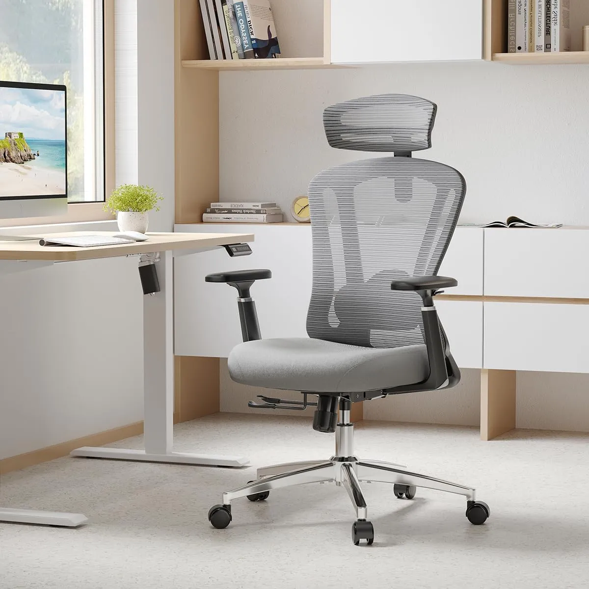 Farini Ergonomic Office Chair, Mesh High Back Computer Chair with Headrest, Adjustable Lumbar Support, Desk Chair with 3D Armrests and Adjustable Headrest, Black & Grey