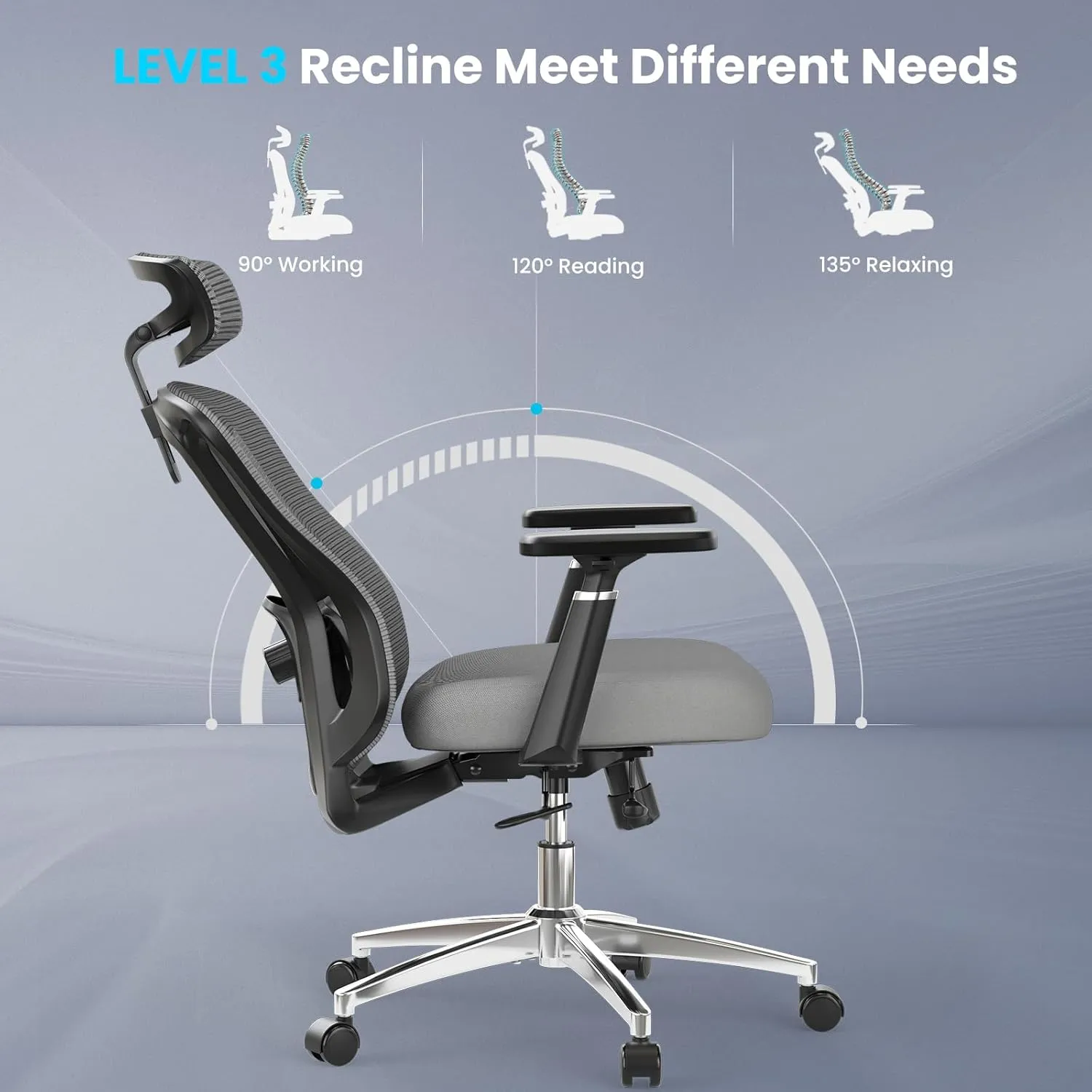 Farini Ergonomic Office Chair, Mesh High Back Computer Chair with Headrest, Adjustable Lumbar Support, Desk Chair with 3D Armrests and Adjustable Headrest, Black & Grey