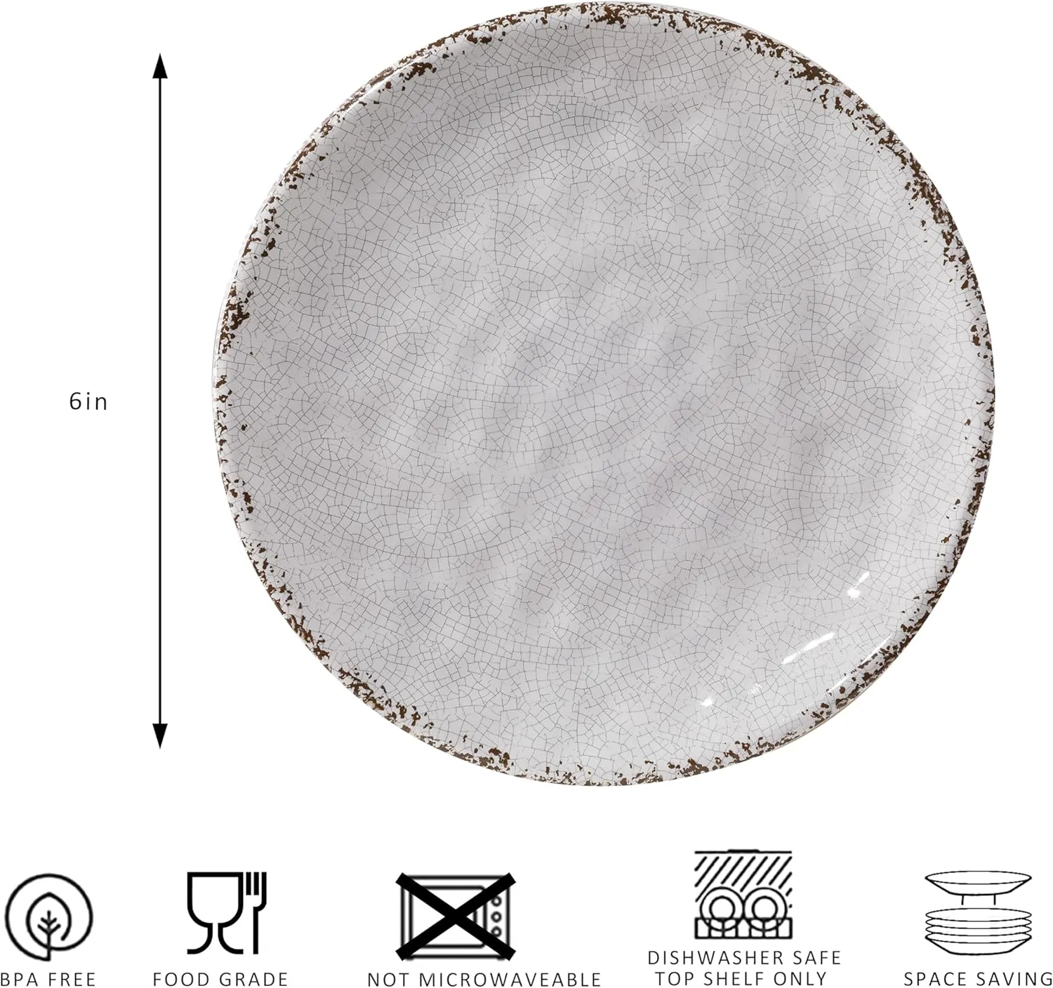 Farmhouse Melamine 6 Inch Appetizer plate, Small Serving Dinnerware/Snack/Party/Kitchen/Dinner/Dessert Plates, Set of 8, White