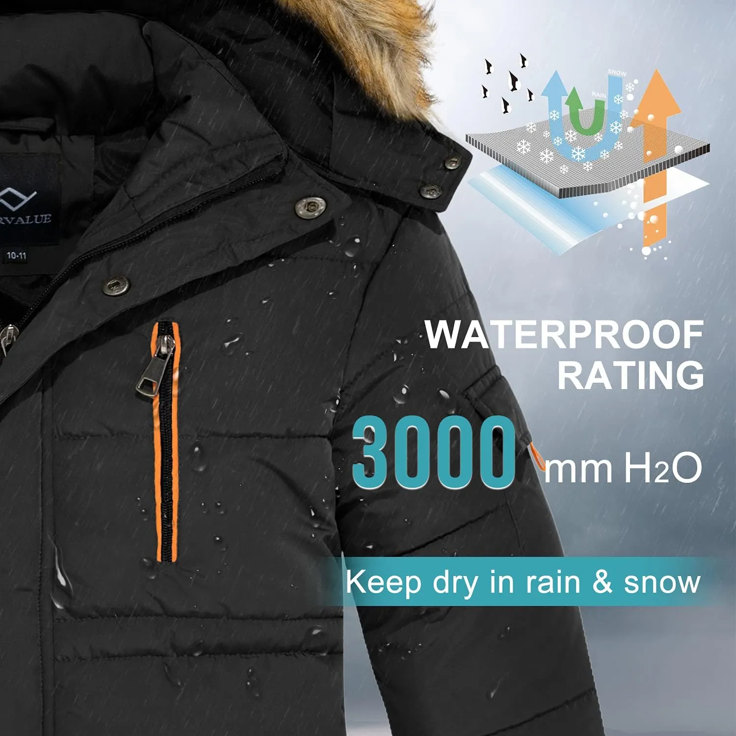FARVALUE Boy Winter Coat Warm Quilted Puffer Water Resistant Parka Jacket with Detachable Fur Hood for Big Boys