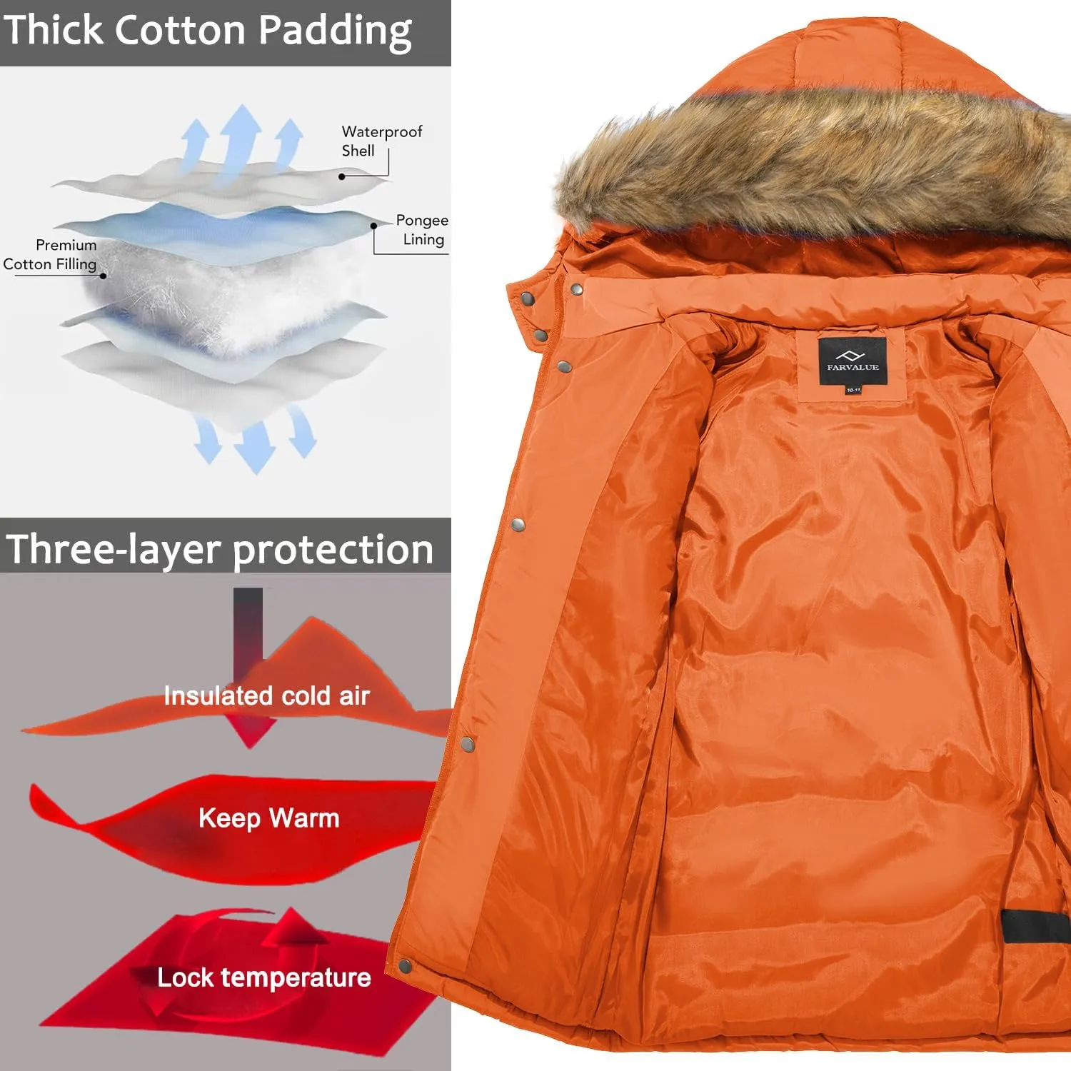 FARVALUE Boy Winter Coat Warm Quilted Puffer Water Resistant Parka Jacket with Detachable Fur Hood for Big Boys