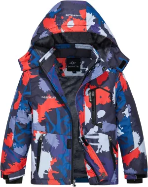 FARVALUE Boys Waterproof Ski Jacket Windproof Winter Coat Warm Snow Coat Outdoor Raincoats Hooded Windbreaker