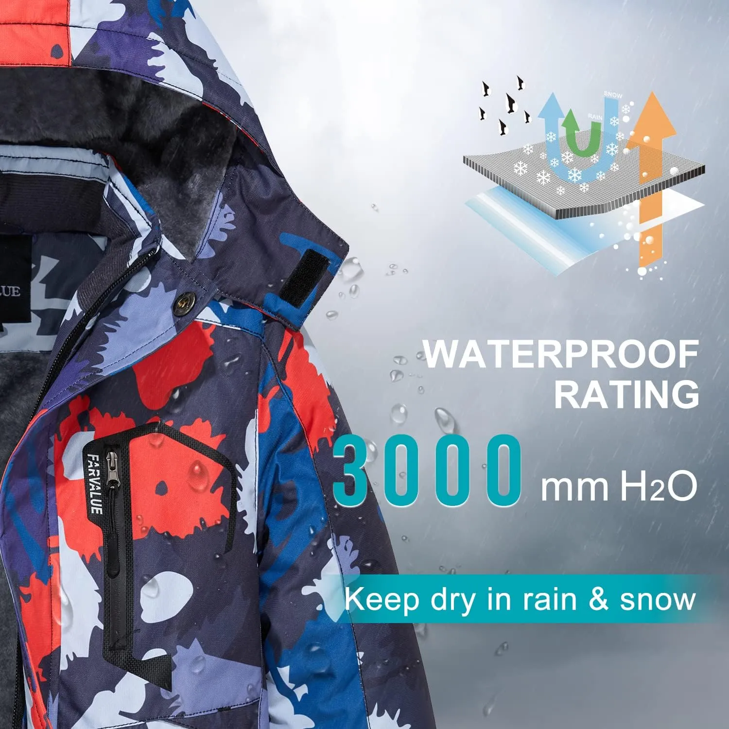 FARVALUE Boys Waterproof Ski Jacket Windproof Winter Coat Warm Snow Coat Outdoor Raincoats Hooded Windbreaker