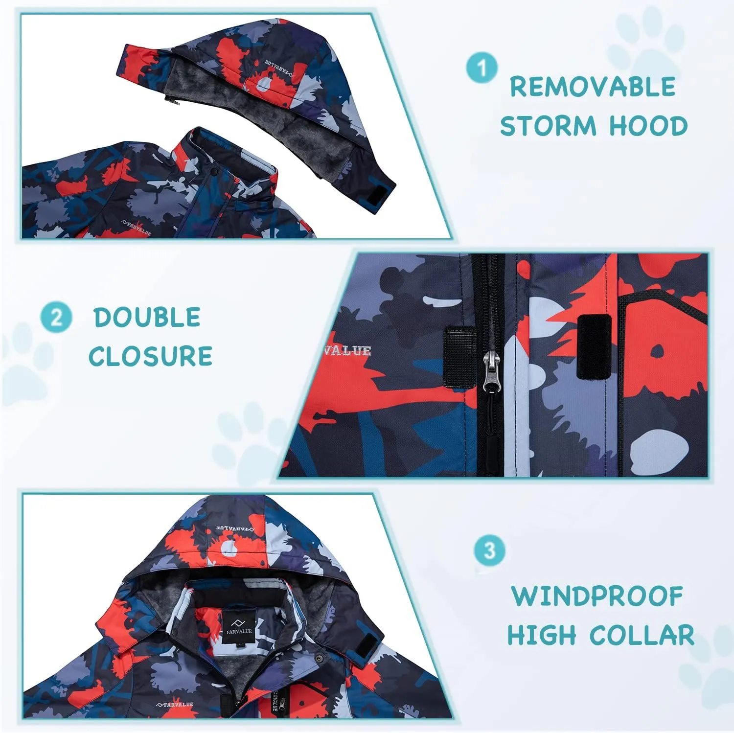 FARVALUE Boys Waterproof Ski Jacket Windproof Winter Coat Warm Snow Coat Outdoor Raincoats Hooded Windbreaker