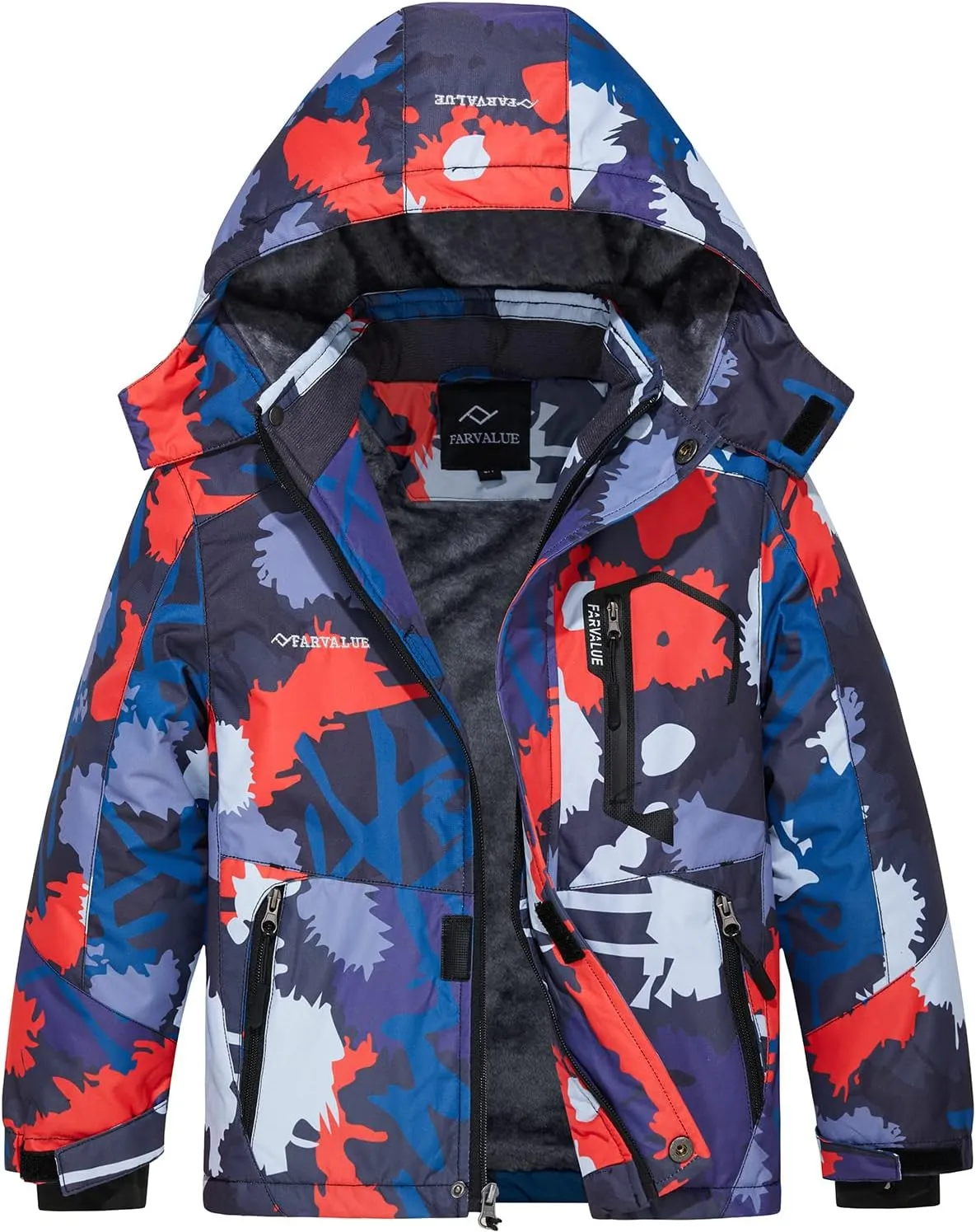 FARVALUE Boys Waterproof Ski Jacket Windproof Winter Coat Warm Snow Coat Outdoor Raincoats Hooded Windbreaker