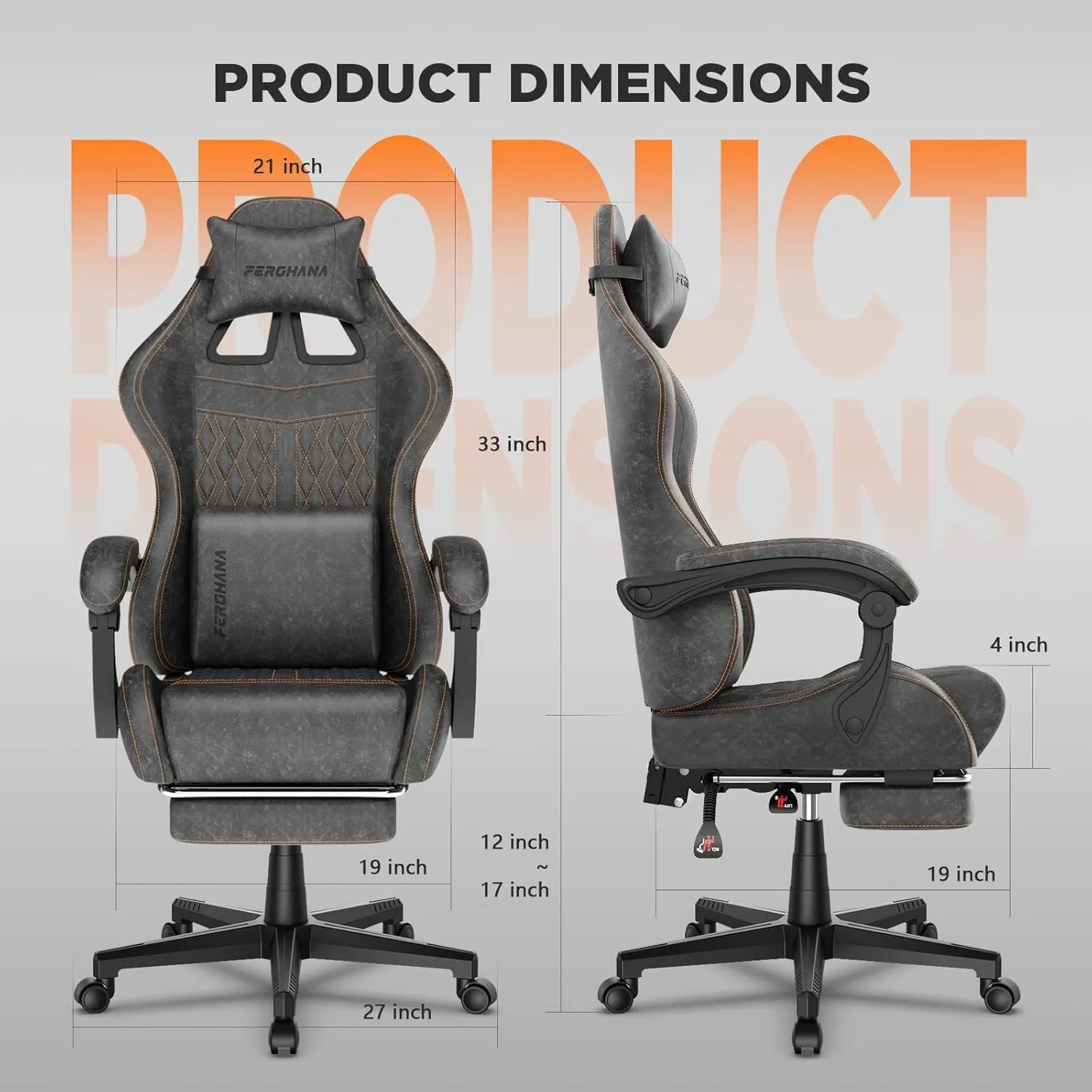 Ferghana Vintage PU Leather Gaming Chair, Ergonomic Gamer Chair with Massage, High Back Computer Office Chair with Footrest for Adults, Racing Style Reclining Video Game Chair (Grey)