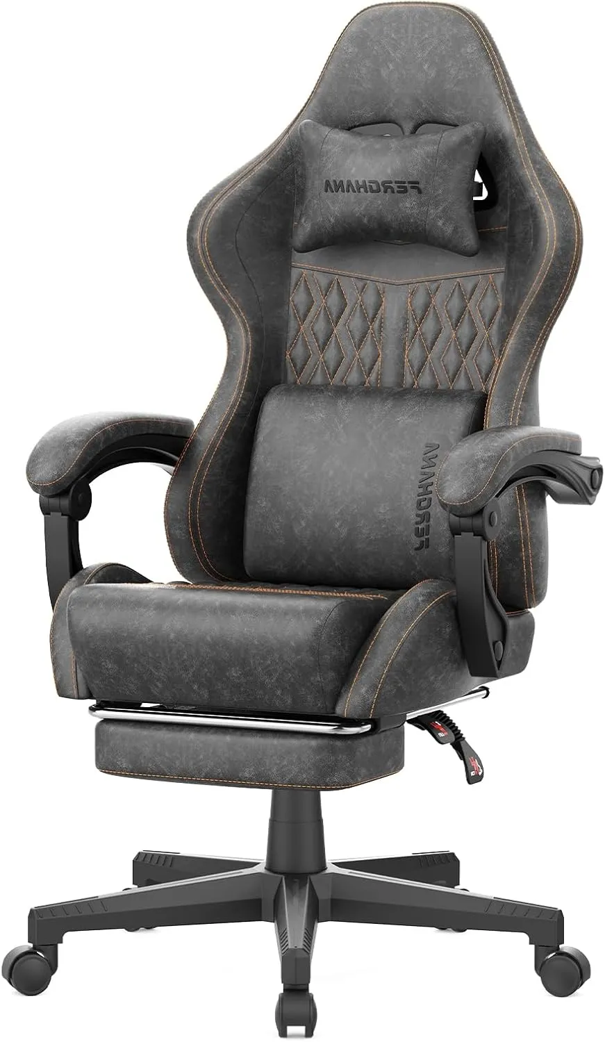 Ferghana Vintage PU Leather Gaming Chair, Ergonomic Gamer Chair with Massage, High Back Computer Office Chair with Footrest for Adults, Racing Style Reclining Video Game Chair (Grey)