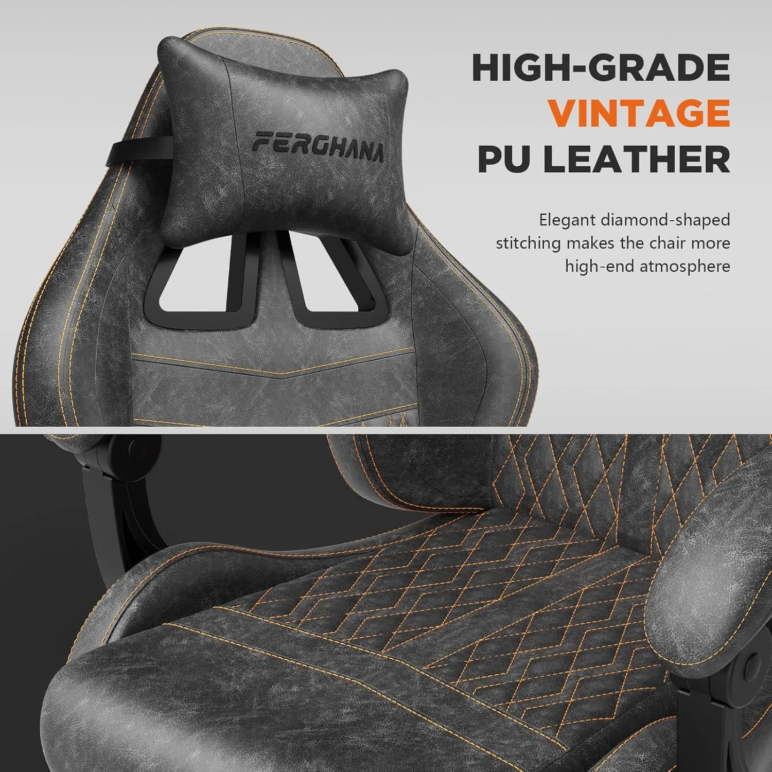Ferghana Vintage PU Leather Gaming Chair, Ergonomic Gamer Chair with Massage, High Back Computer Office Chair with Footrest for Adults, Racing Style Reclining Video Game Chair (Grey)