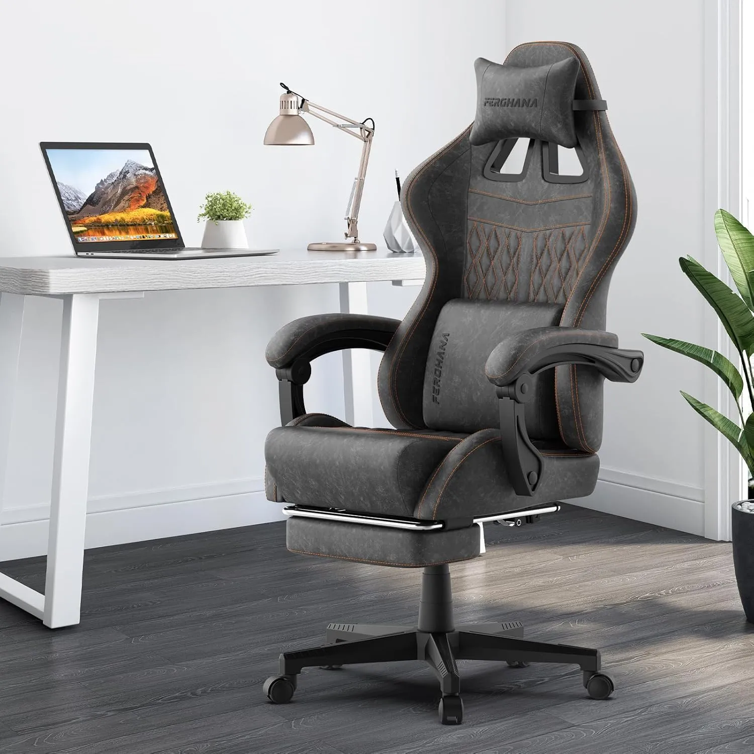 Ferghana Vintage PU Leather Gaming Chair, Ergonomic Gamer Chair with Massage, High Back Computer Office Chair with Footrest for Adults, Racing Style Reclining Video Game Chair (Grey)