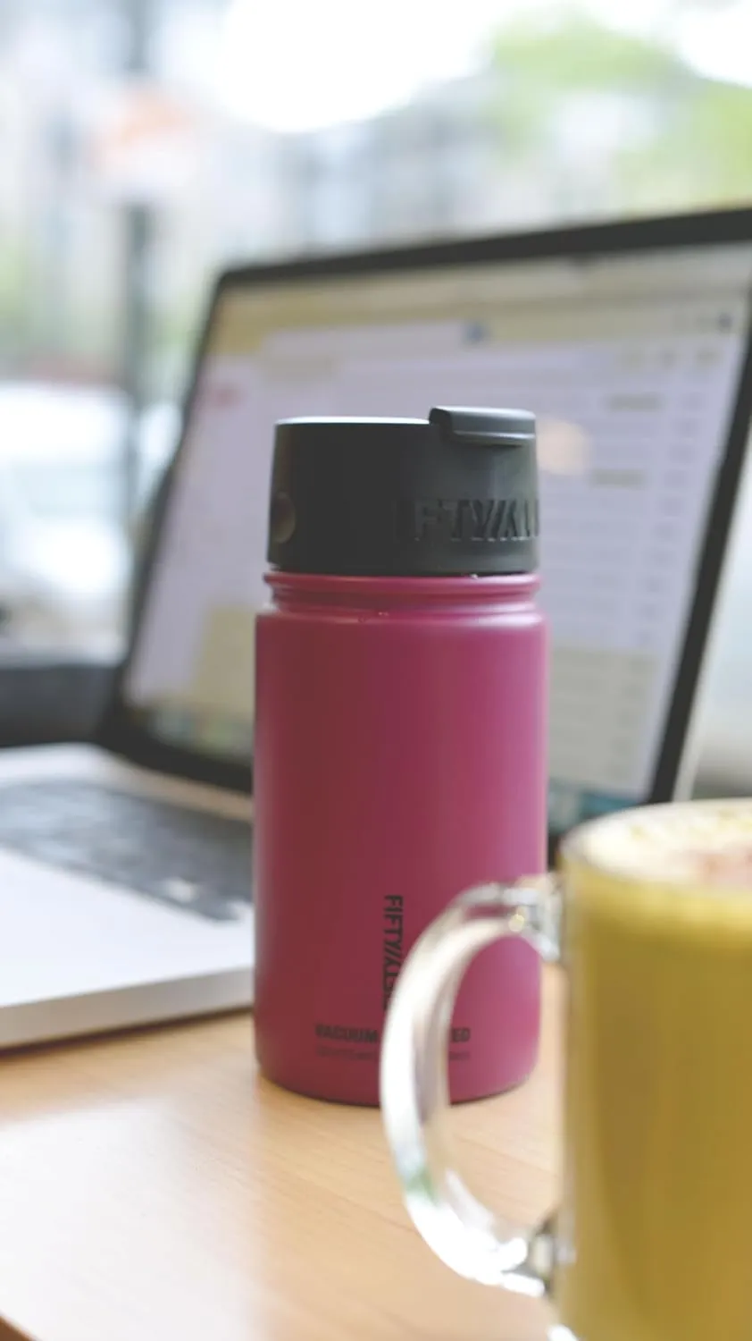 FIFTY/FIFTY 16oz, Double Wall Vacuum Insulated Café Water Bottle, Stainless Steel, Flip Cap w/ Wide Mouth, Coral, 16oz/473ml