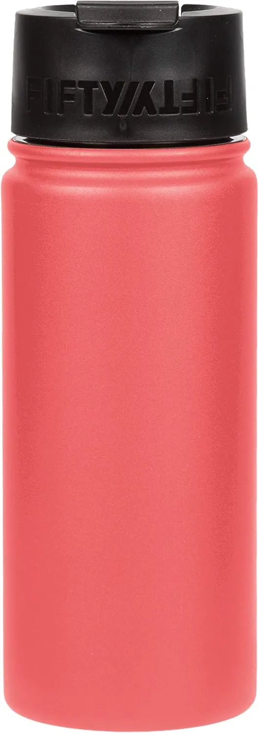 FIFTY/FIFTY 16oz, Double Wall Vacuum Insulated Café Water Bottle, Stainless Steel, Flip Cap w/ Wide Mouth, Coral, 16oz/473ml