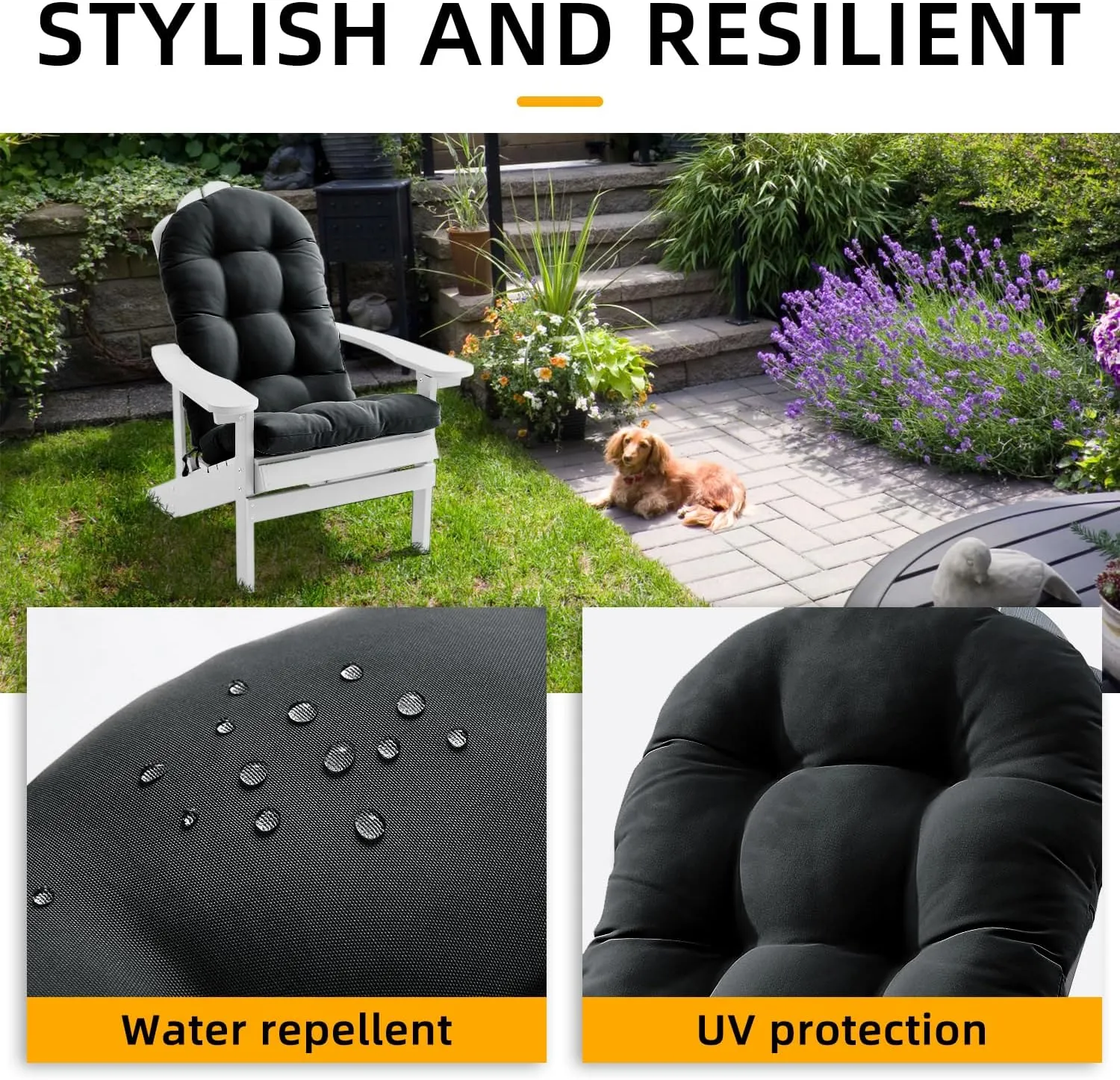 FILUXE Adirondack & Rocking Chair Cushion, High Back Patio Cushions - Waterproof Solid Tufted Pillow, Indoor/Outdoor Pads with Ties, Fade-Resistant & Seasonal All Weather Replacement (Deep Gray, 1)