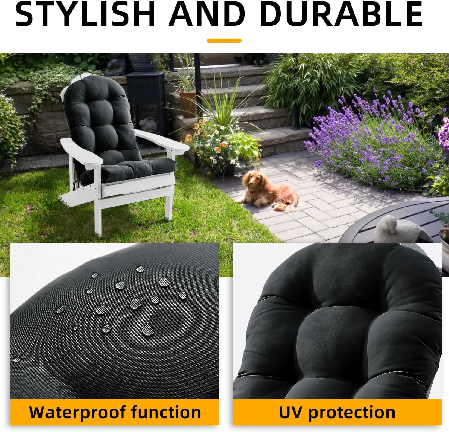 FILUXE Adirondack & Rocking Chair Cushion, High Back Patio Cushions - Waterproof Solid Tufted Pillow, Indoor/Outdoor Pads with Ties, Fade-Resistant & Seasonal All Weather Replacement (Deep Gray, 2)