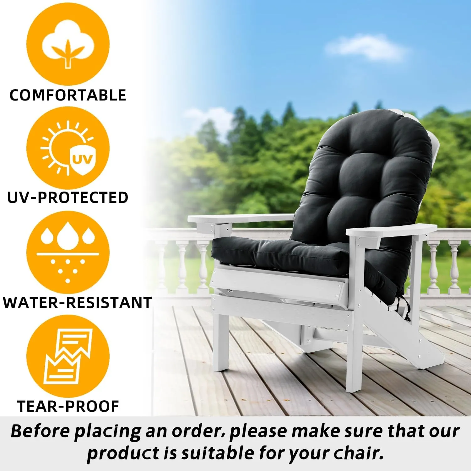 FILUXE Adirondack & Rocking Chair Cushion, High Back Patio Cushions - Waterproof Solid Tufted Pillow, Indoor/Outdoor Pads with Ties, Fade-Resistant & Seasonal All Weather Replacement (Deep Gray, 2)