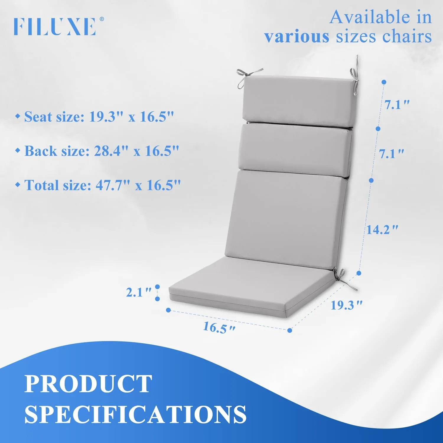 FILUXE Indoor/Outdoor One Piece High Back Chair Seat/Back Patio Cushion with Ties, 45.5" x 20",Fade-Resistant & Seasonal All Weather Replacement, Gray