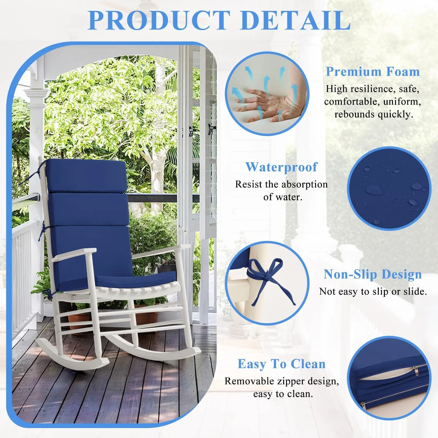 FILUXE Indoor/Outdoor One Piece High Back Chair Seat/Back Patio Cushion with Ties, 45.5" x 20",Fade-Resistant & Seasonal All Weather Replacement, Royal Blue