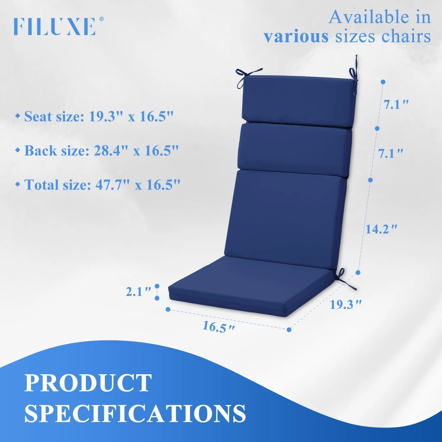 FILUXE Indoor/Outdoor One Piece High Back Chair Seat/Back Patio Cushion with Ties, 45.5" x 20",Fade-Resistant & Seasonal All Weather Replacement, Royal Blue