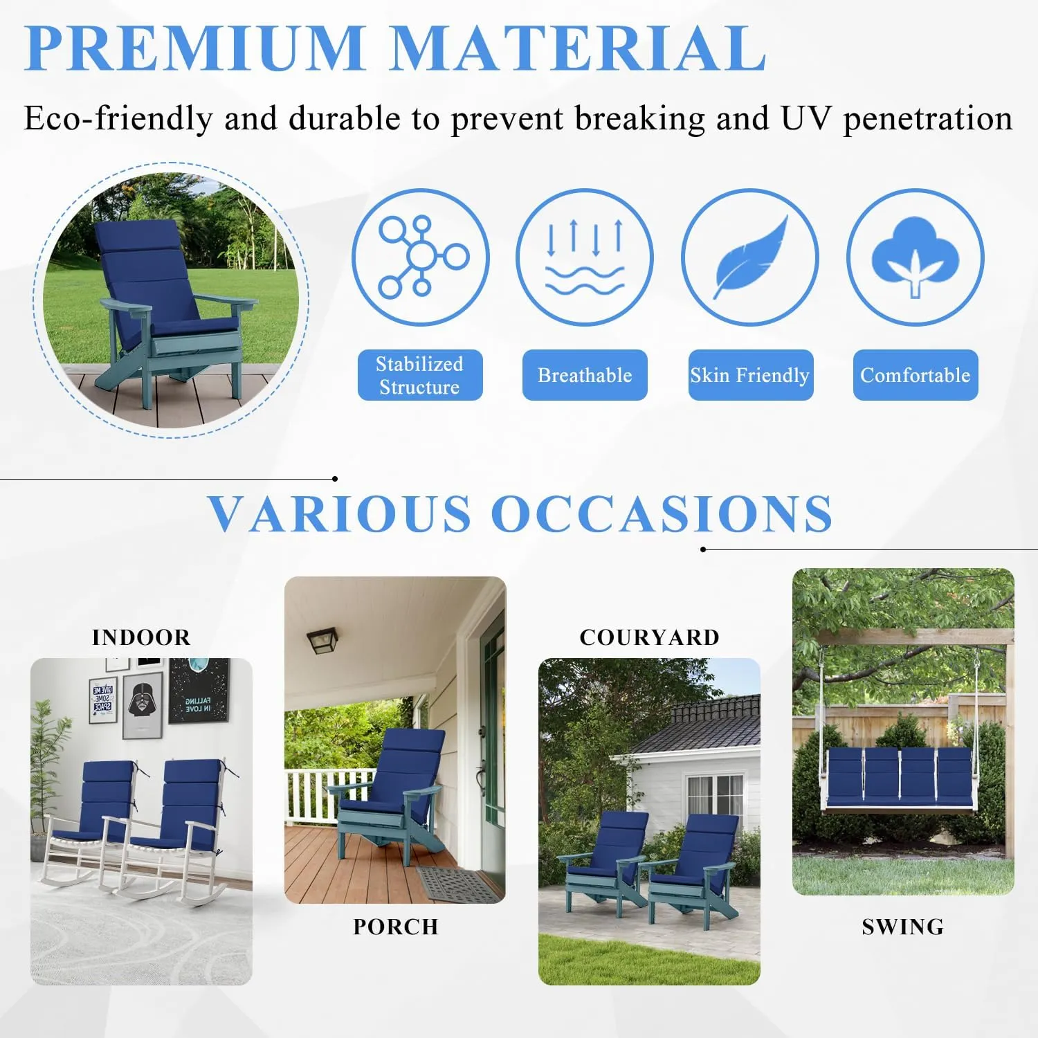 FILUXE Indoor/Outdoor One Piece High Back Chair Seat/Back Patio Cushion with Ties, 45.5" x 20",Fade-Resistant & Seasonal All Weather Replacement, Royal Blue